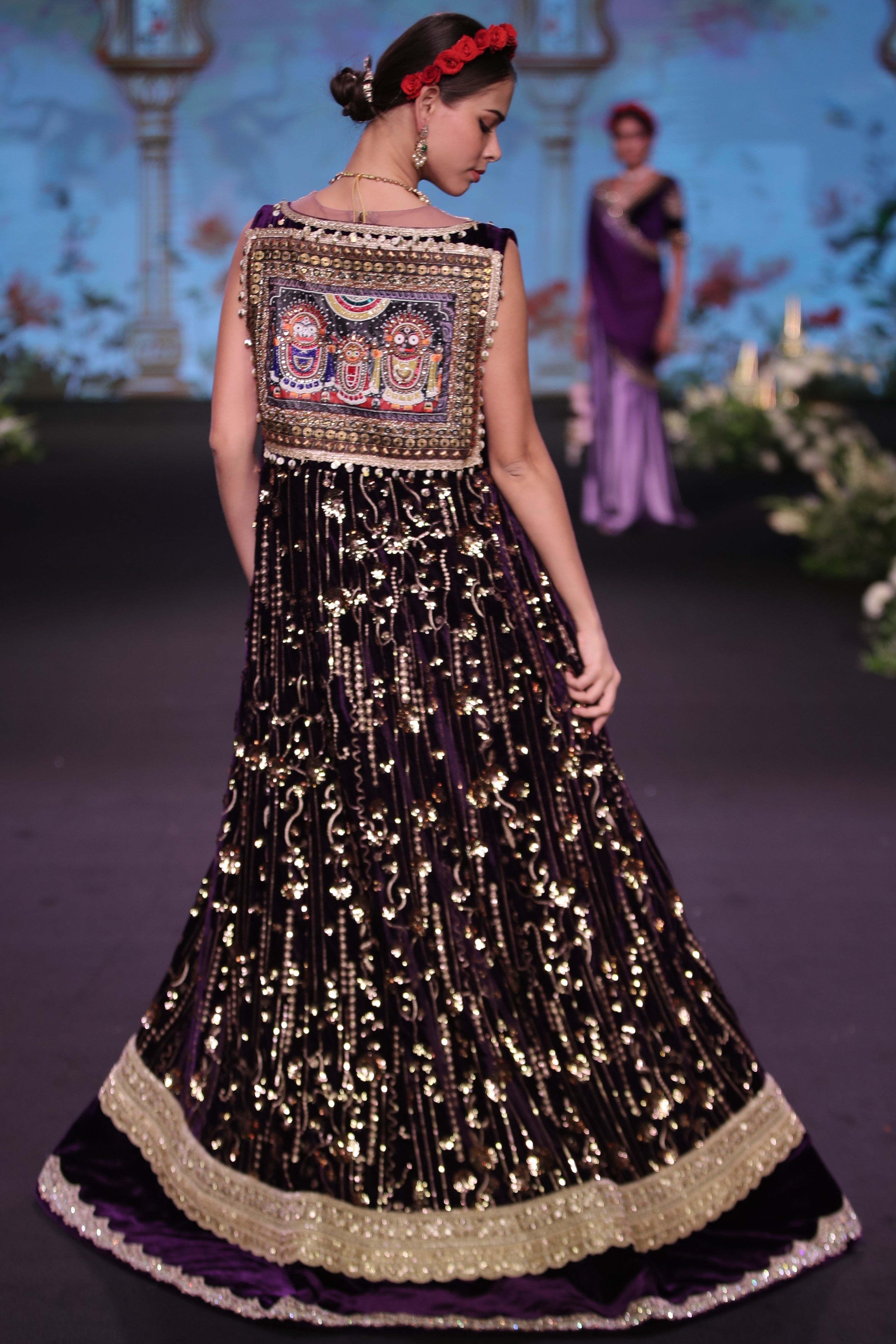 Two toned purple and light gold embroidered three – piece set