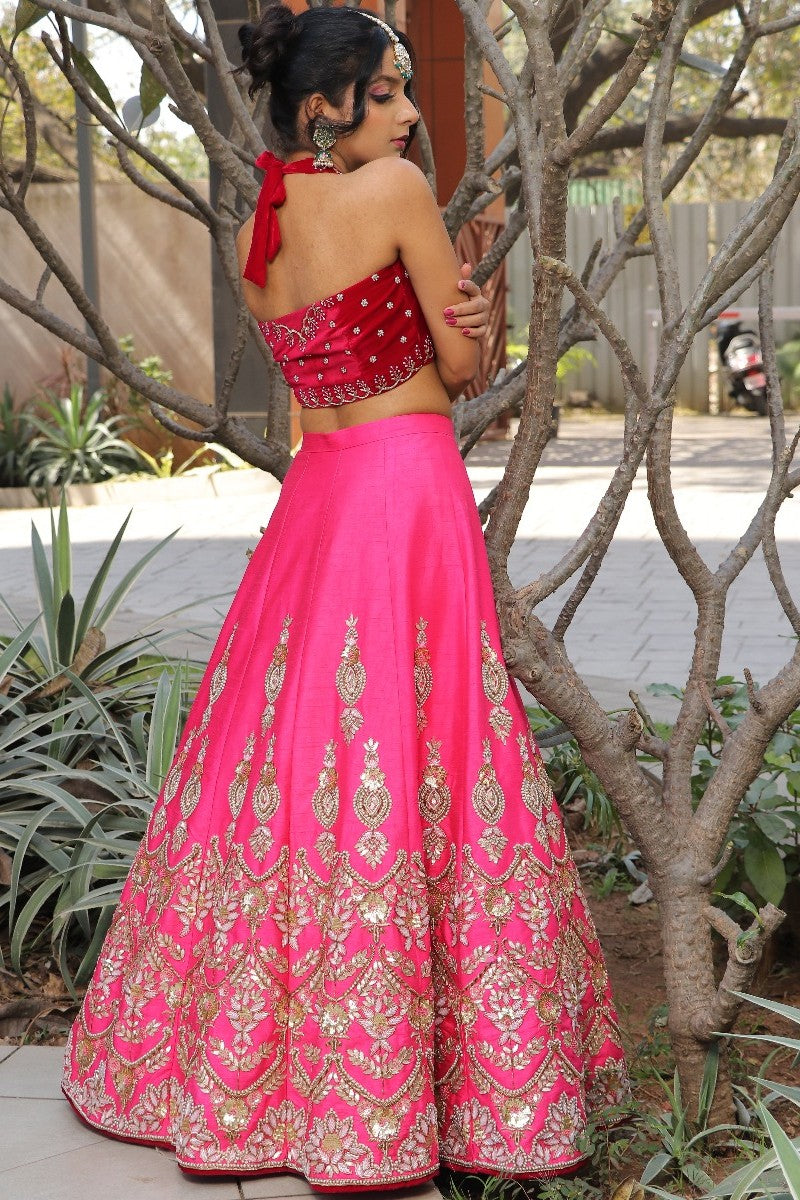 Two toned red and pink embroidered lehenga set