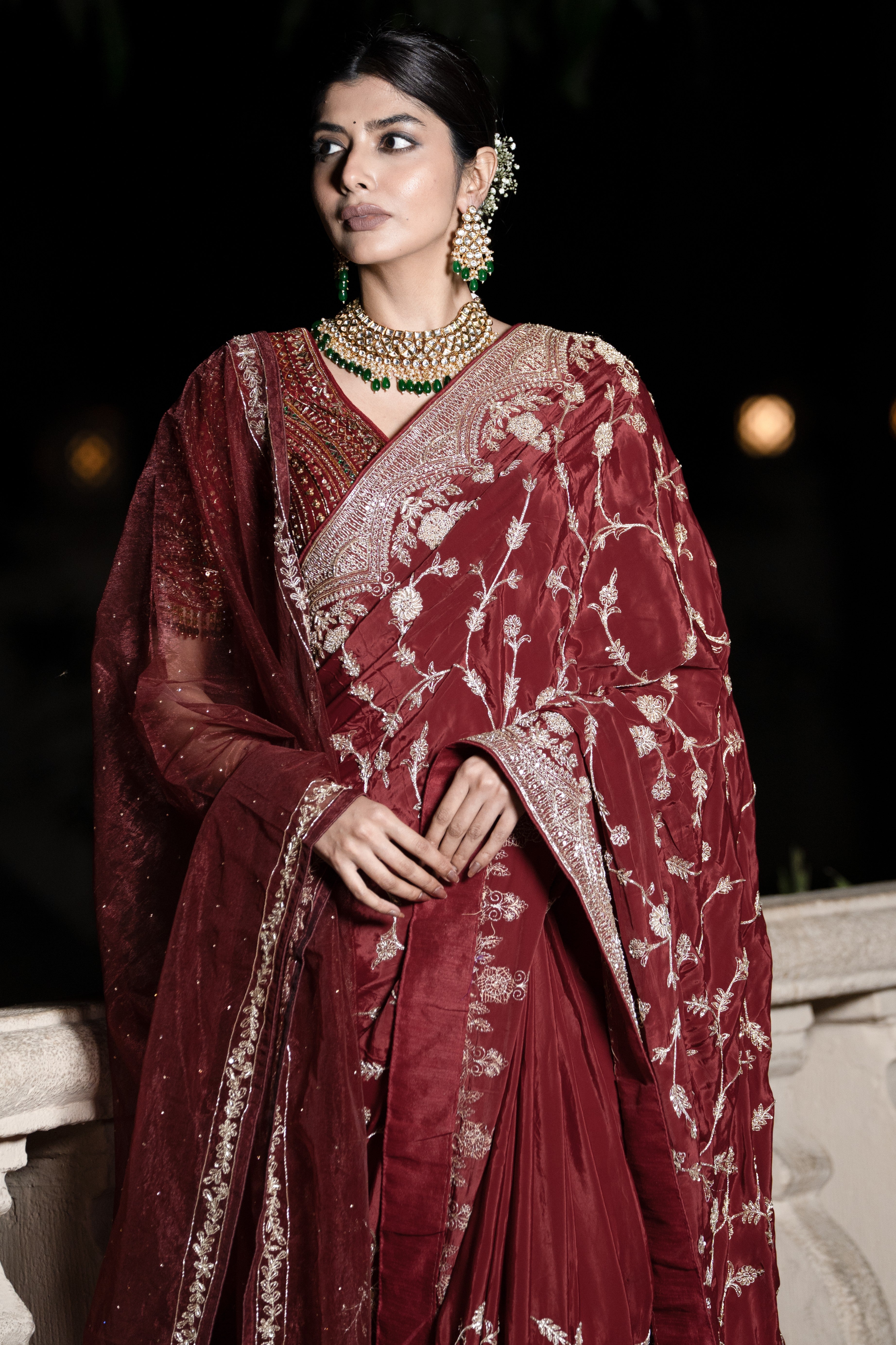 Maroon embroidered saree