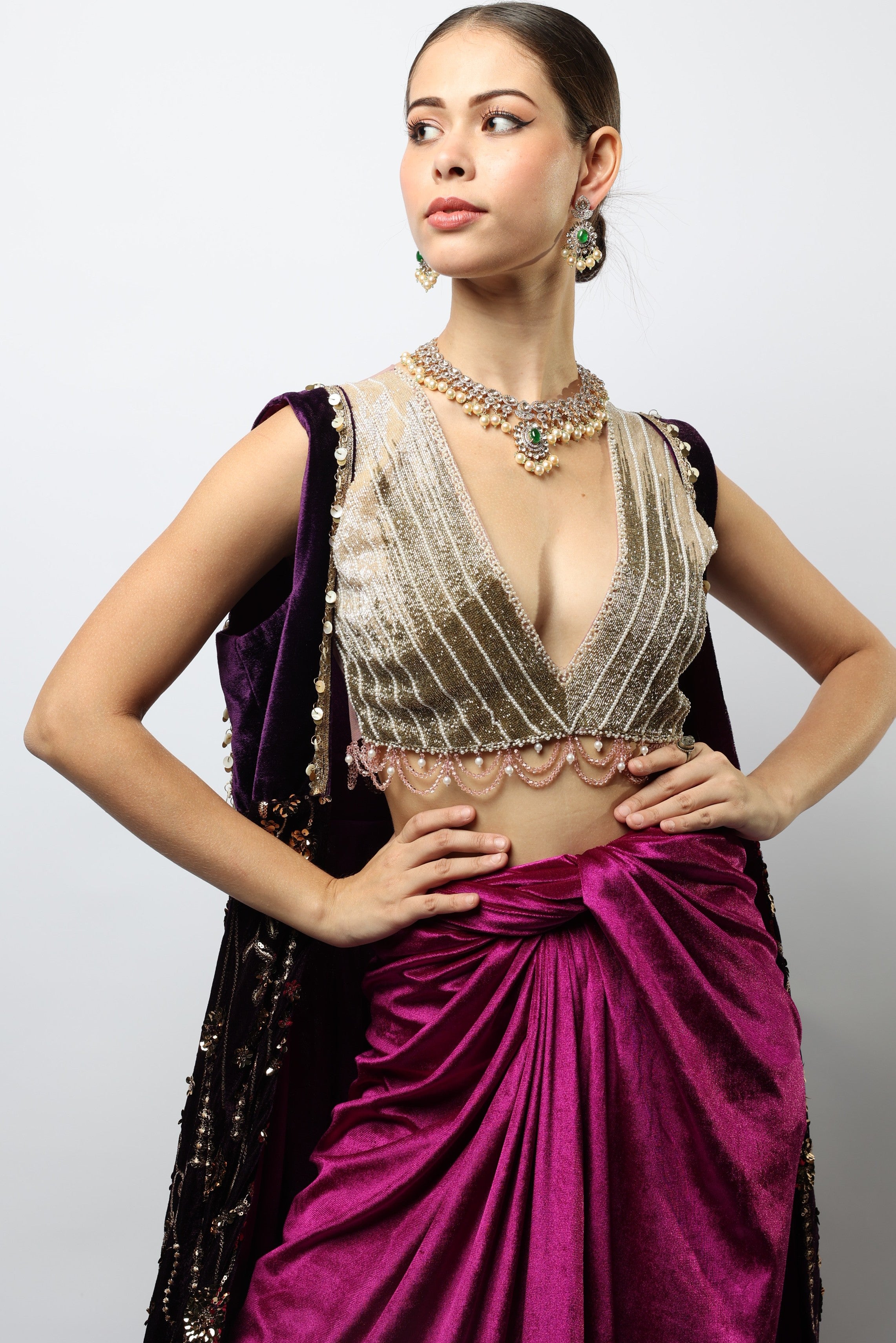Two toned purple and light gold embroidered three – piece set