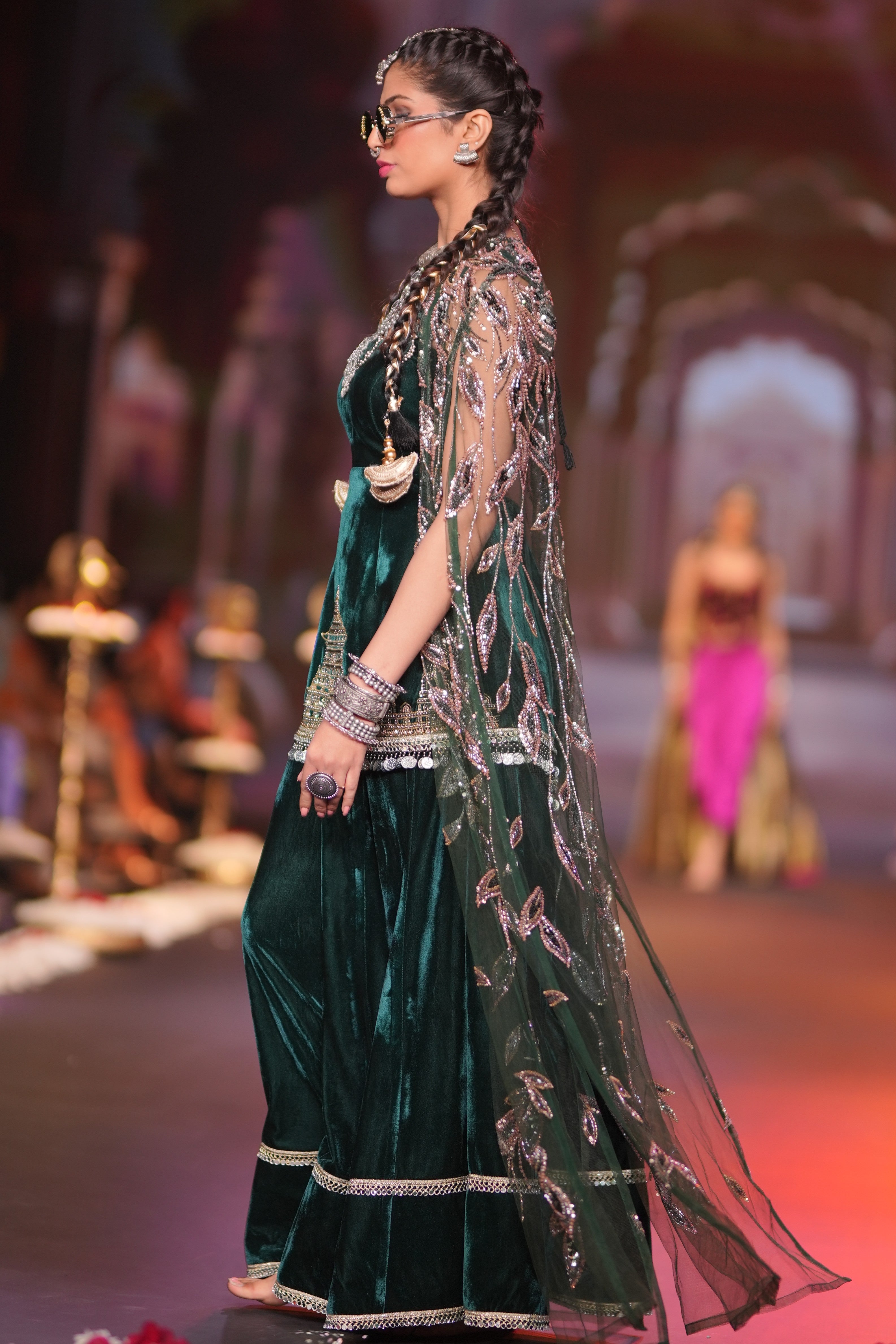 Ram mandir inspired green palazzo set with cape