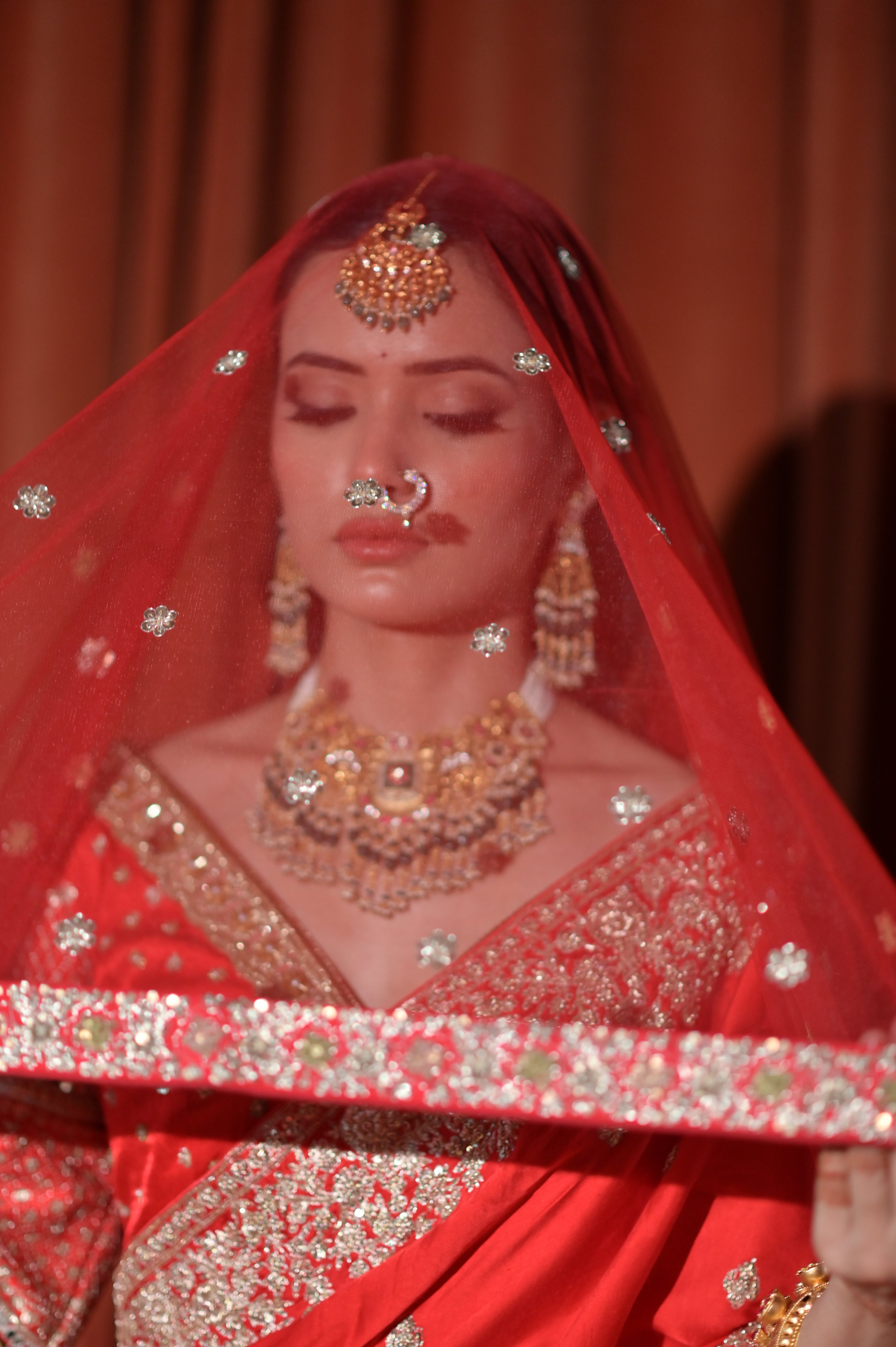 Red embroidered saree