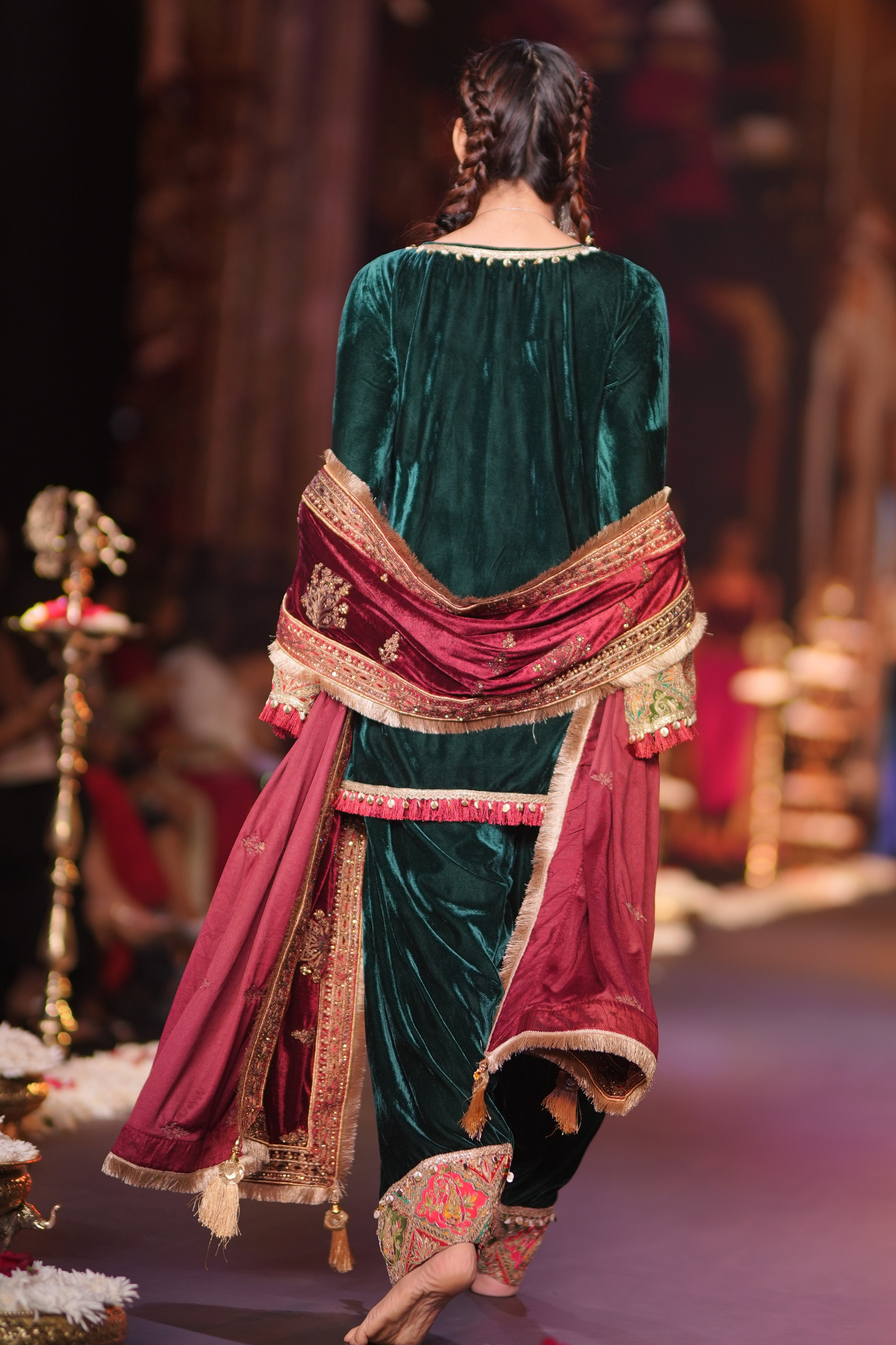 Green kurta with Krishna print embroidered set