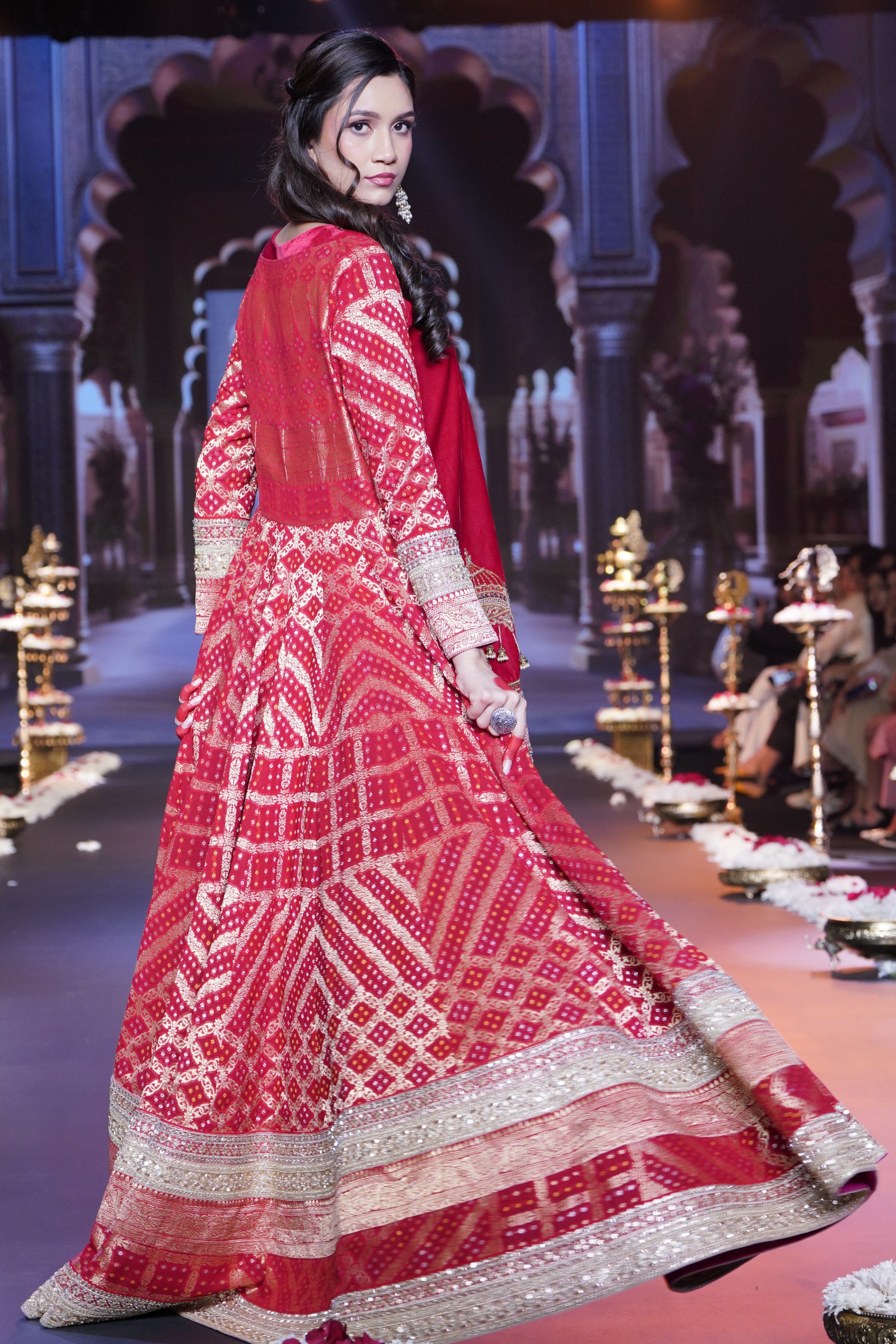Red srinathji embroidered dress with long cape