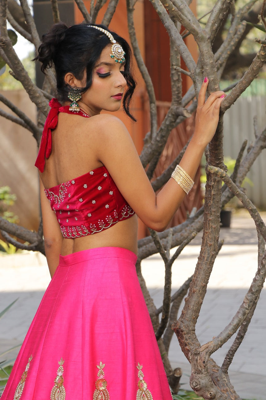 Two toned red and pink embroidered lehenga set