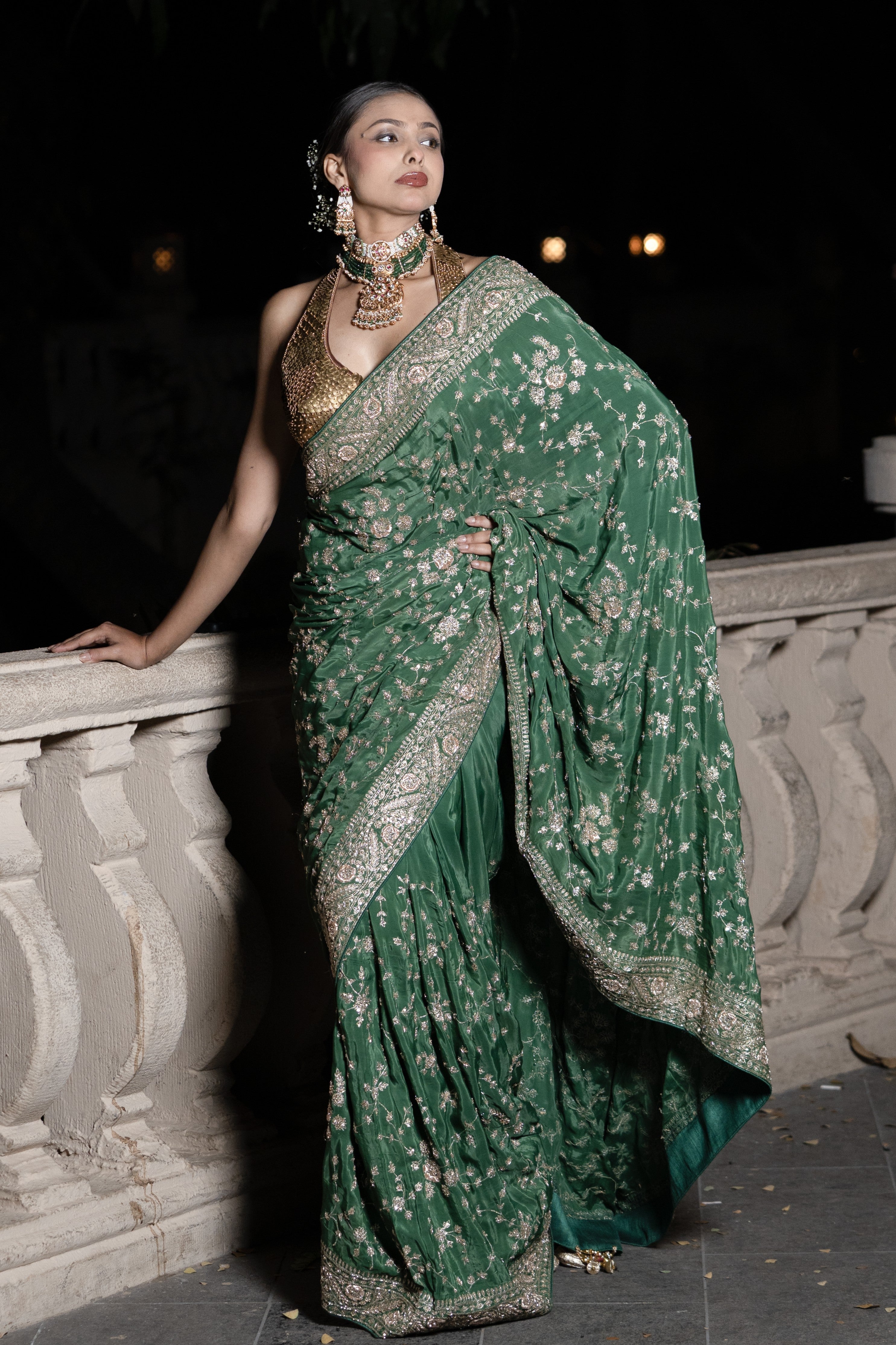 Green embroidered saree
