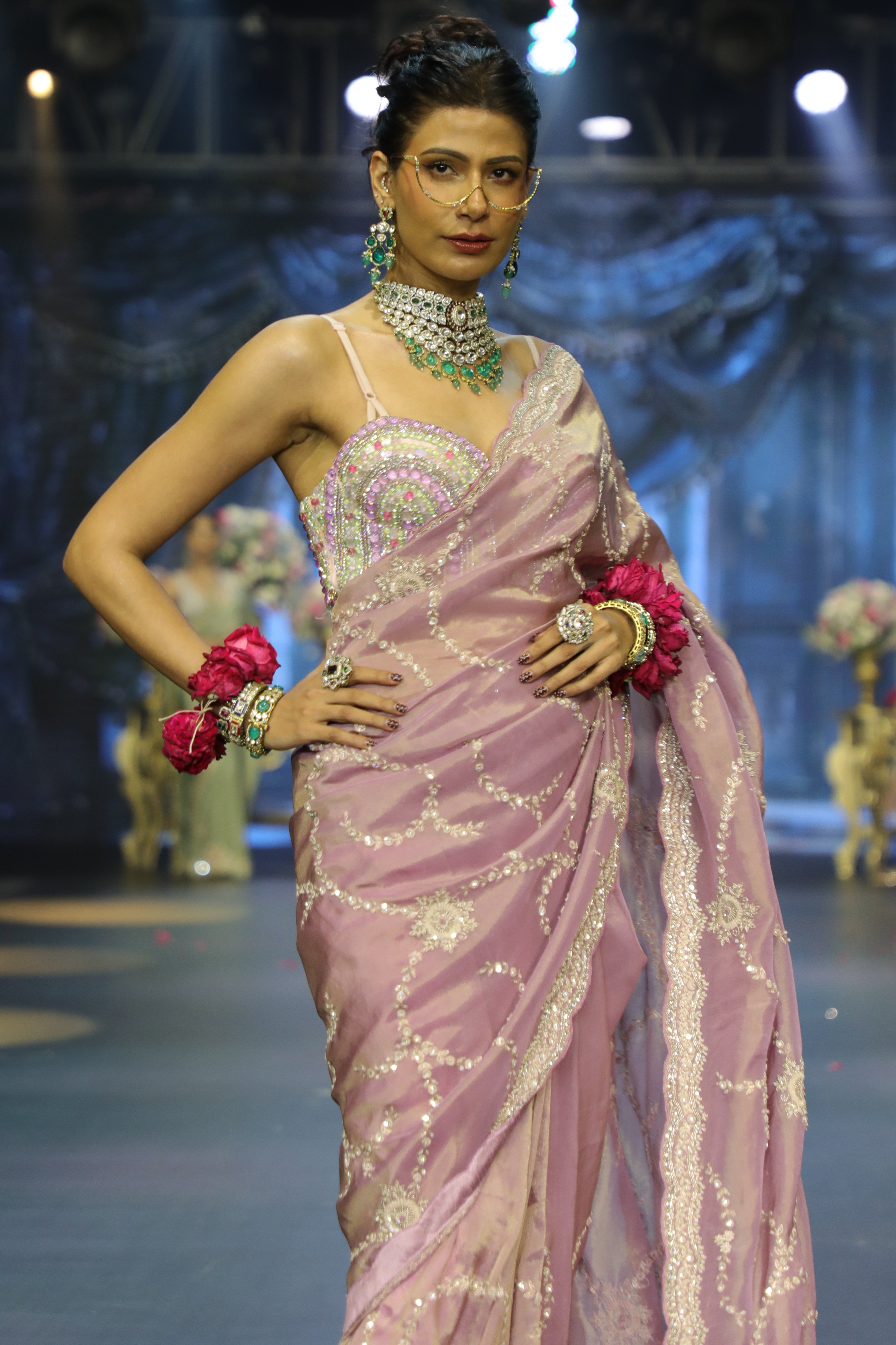Pink Tissue Embroidered Saree