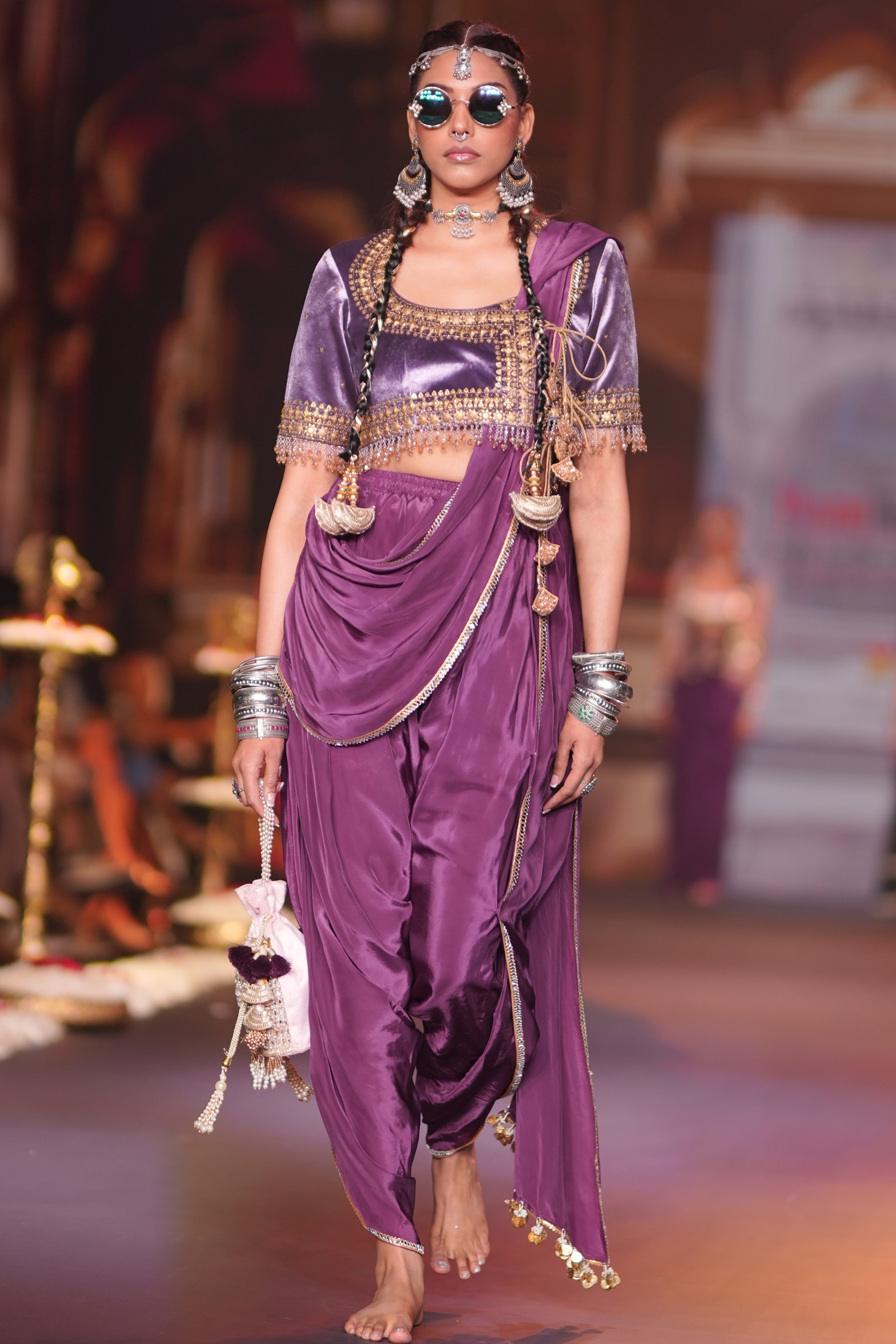 Lilac dhoti drape style two- piece set