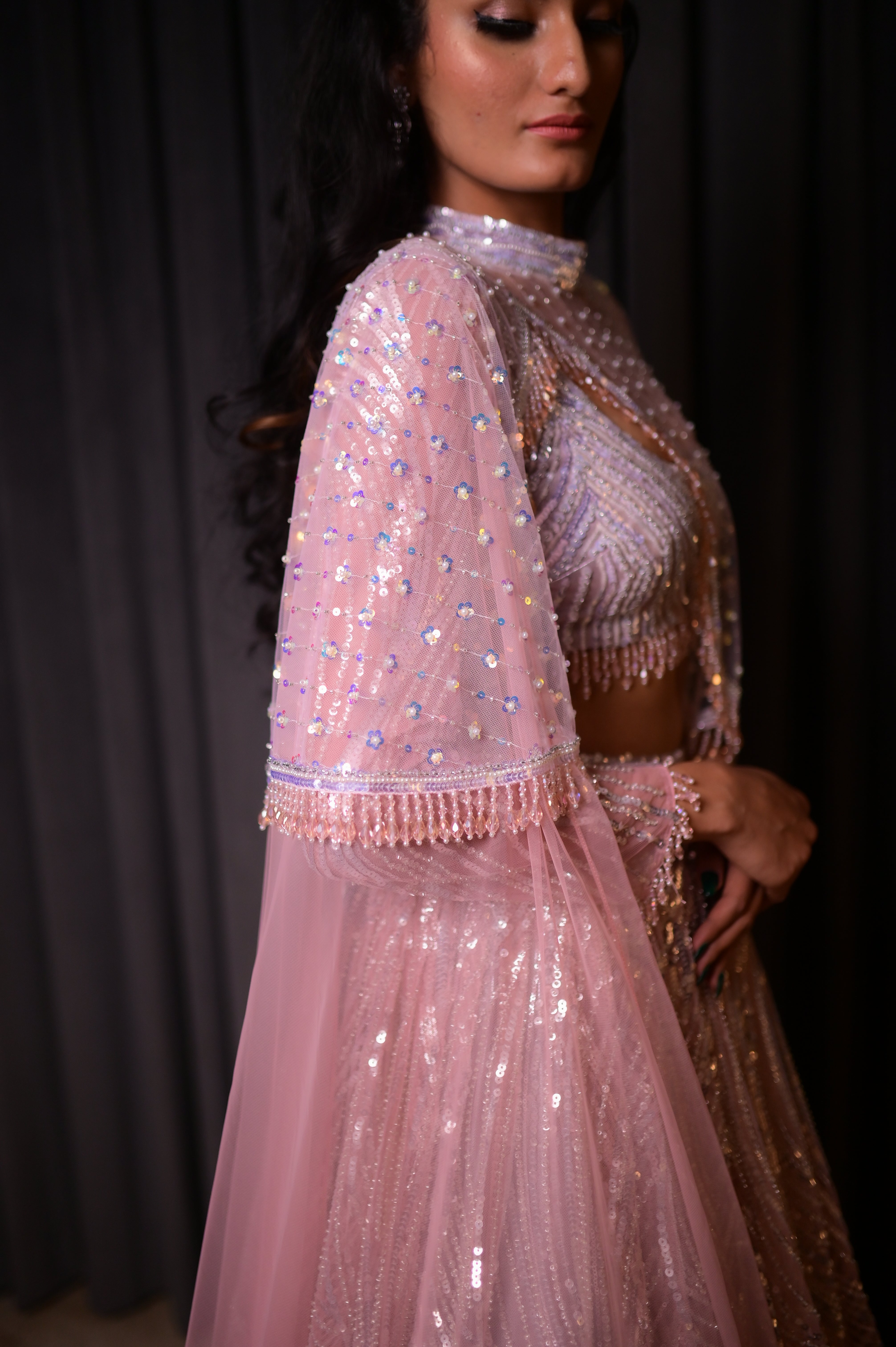 Pink sequin lehenga set with cape jacket