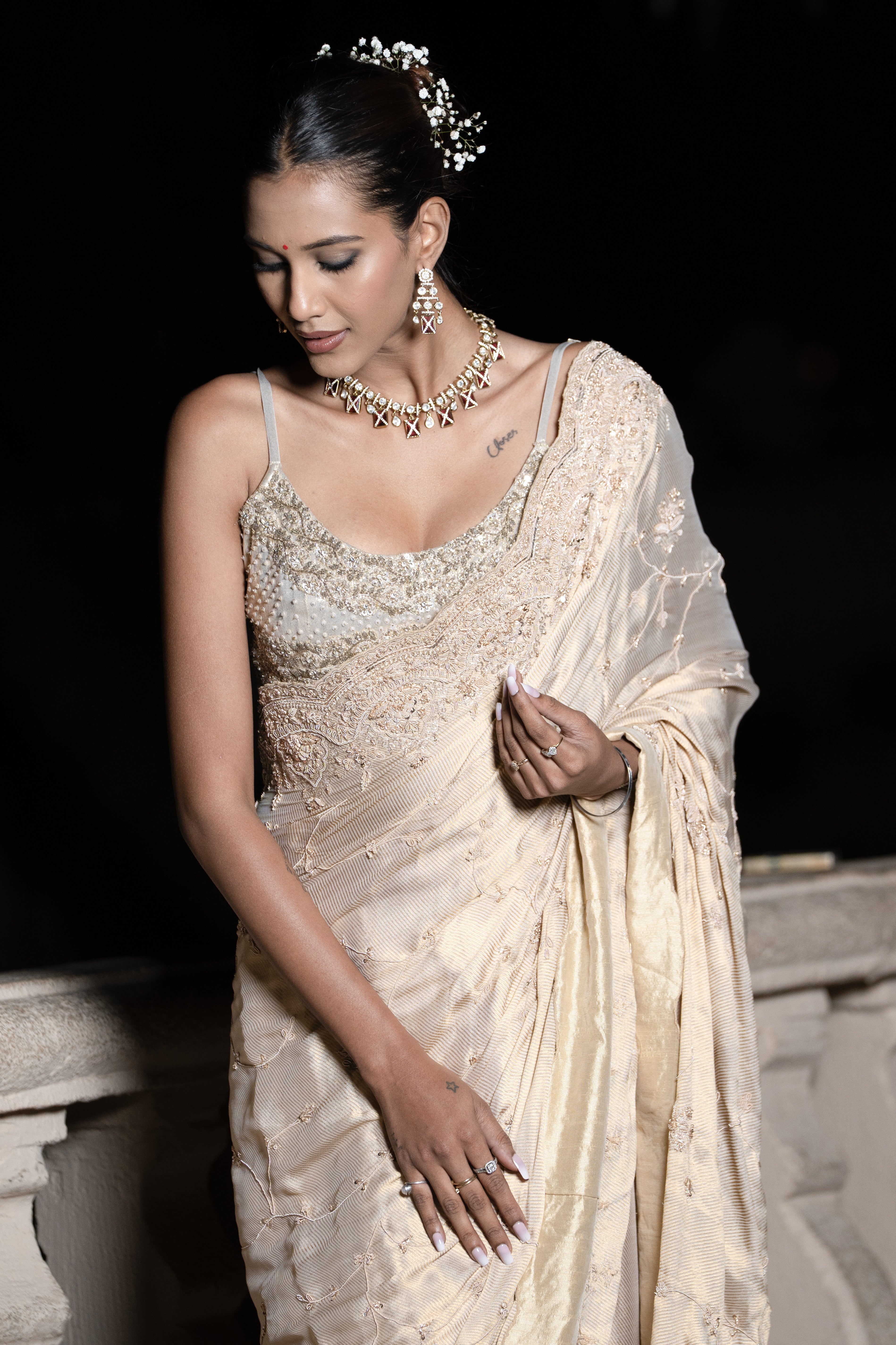 Yellow tissue embroidered saree