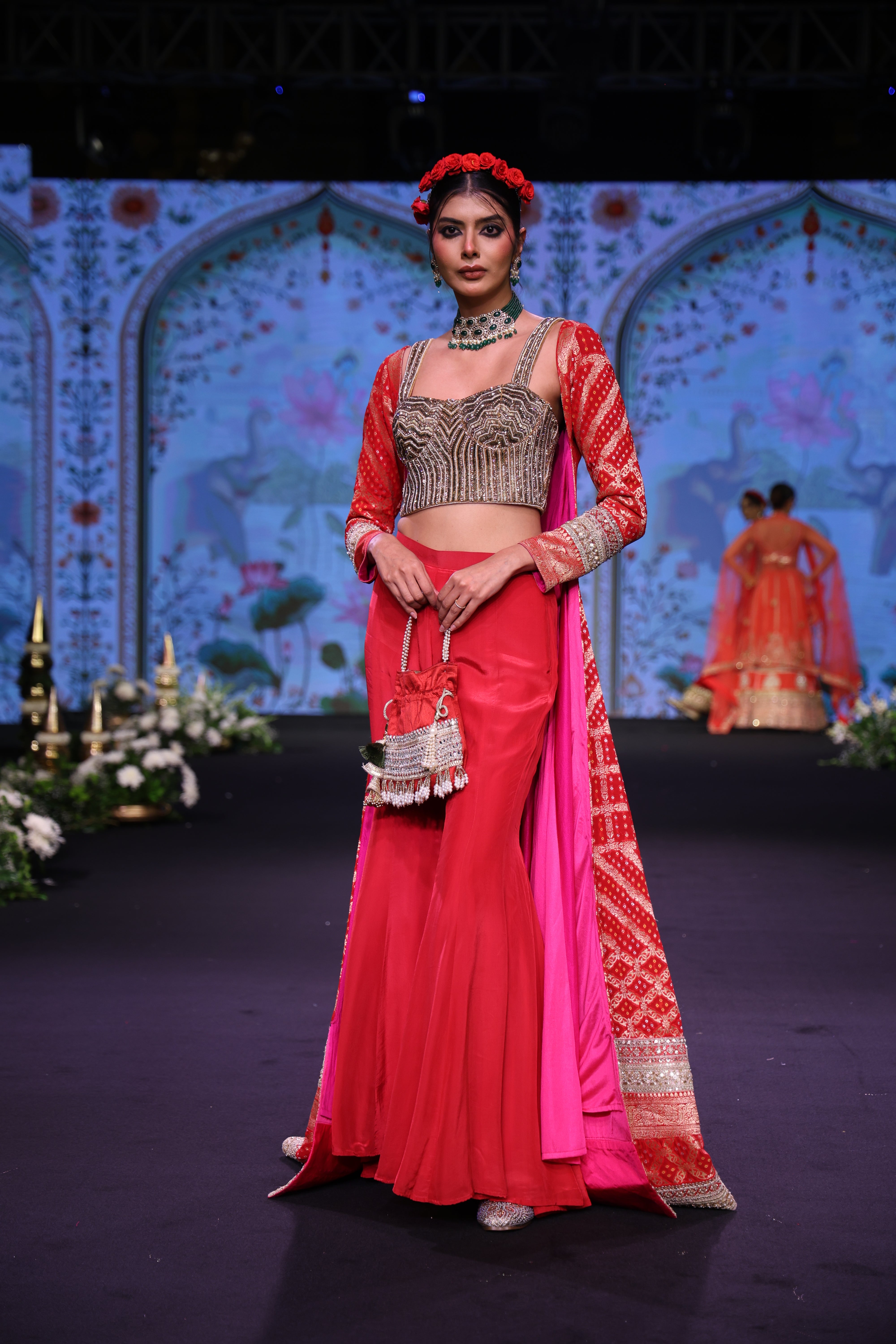 Red three piece set with long cape