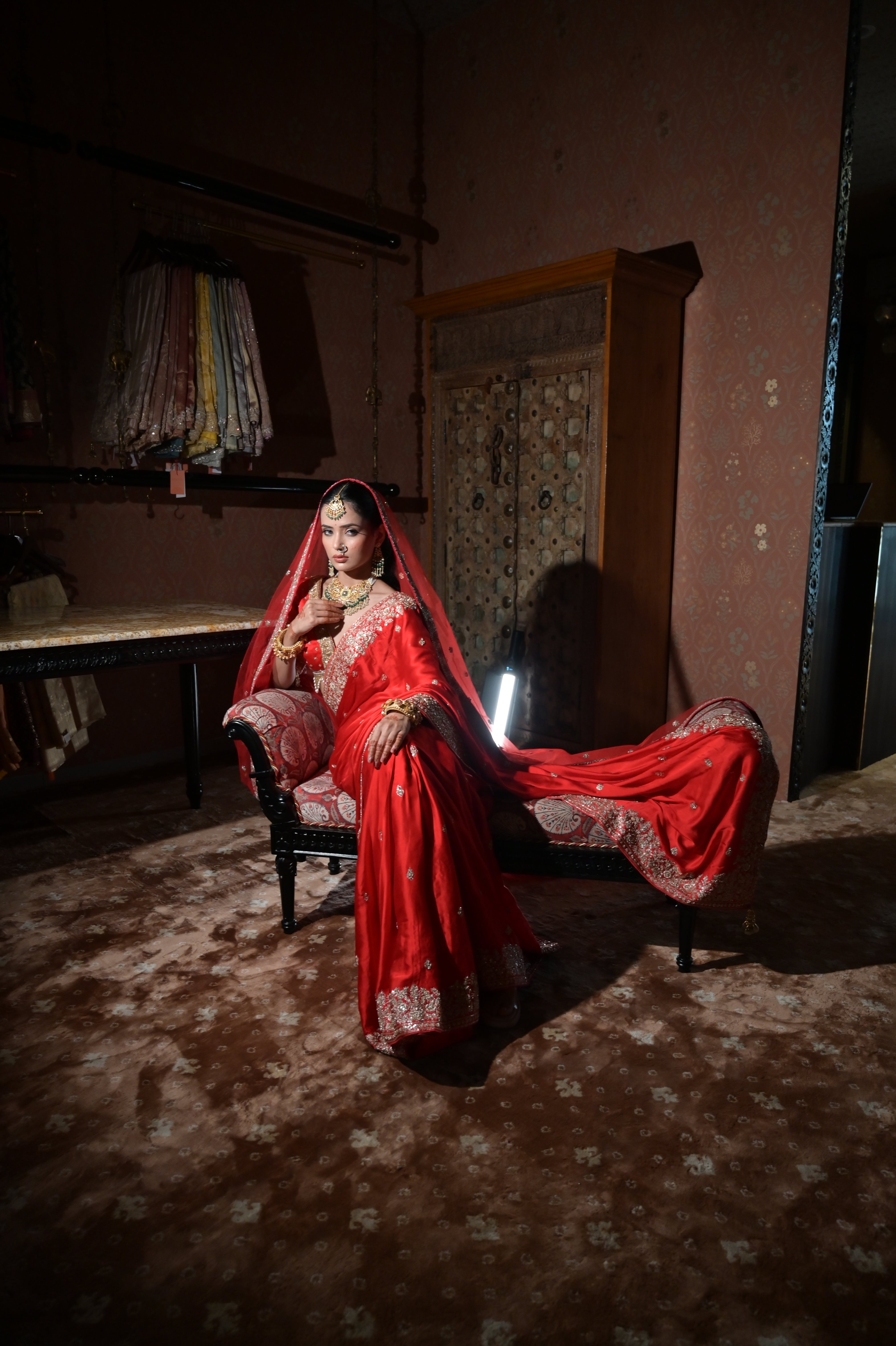 Red embroidered saree
