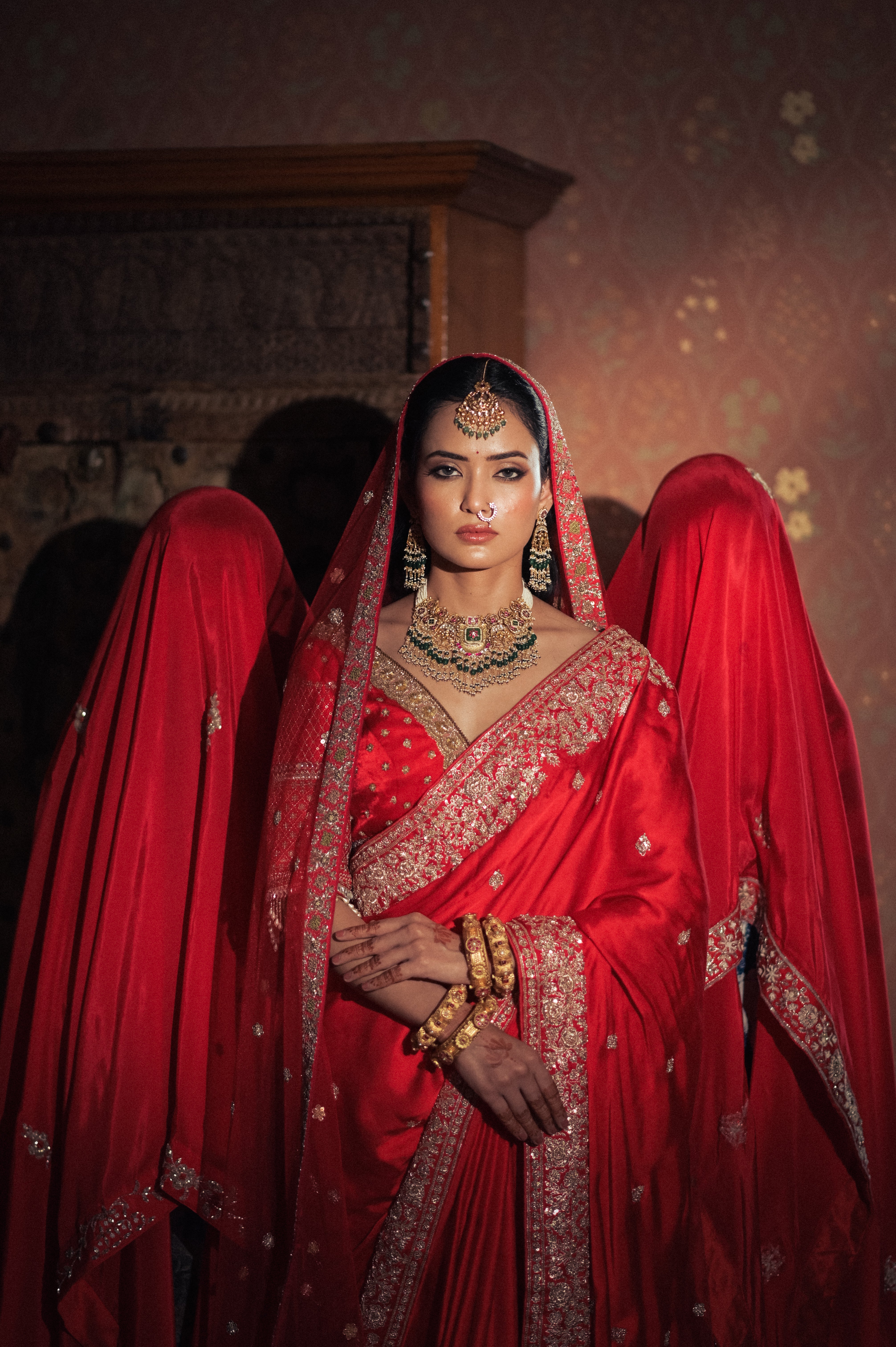 Red embroidered saree