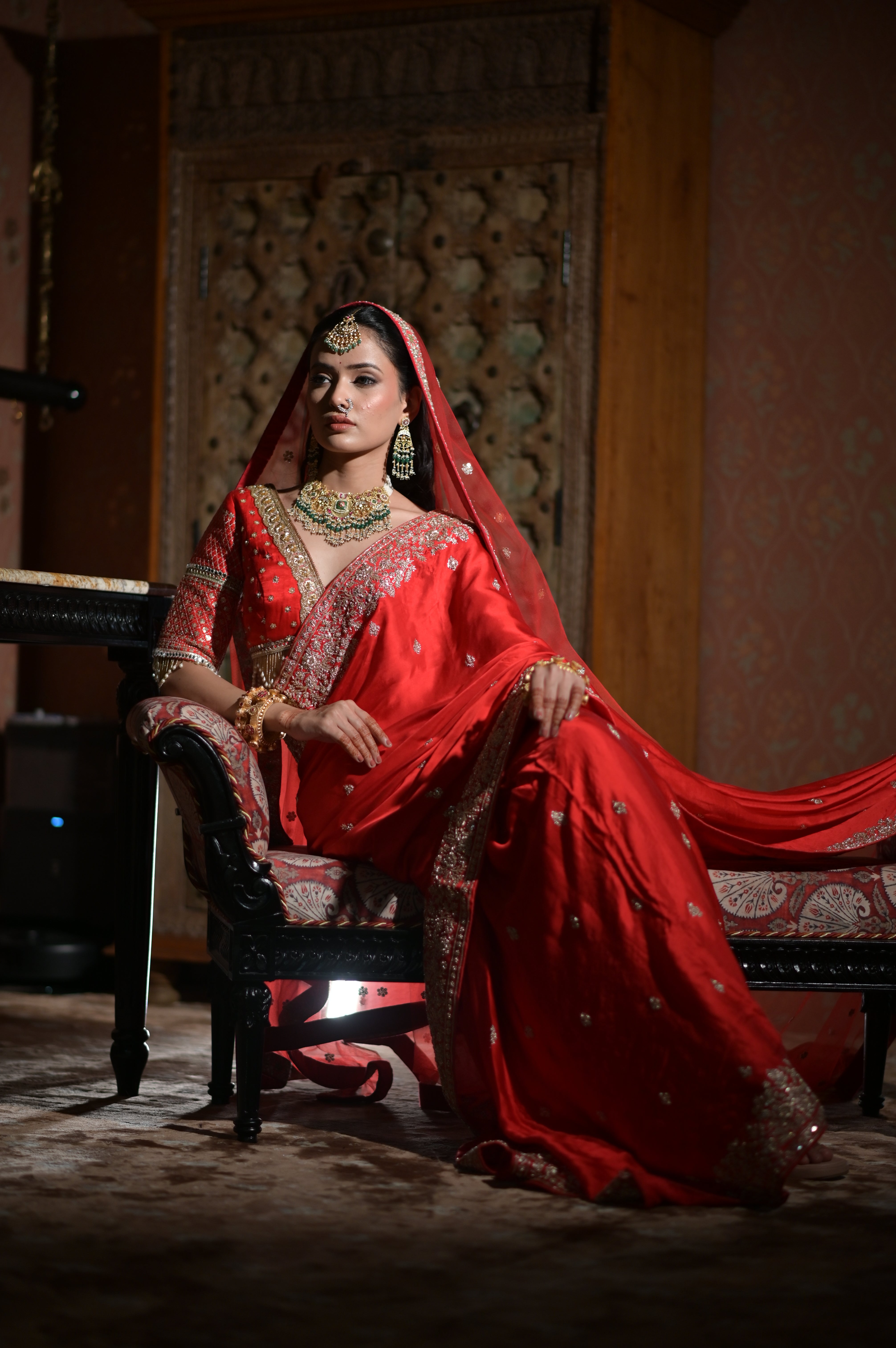 Red embroidered saree