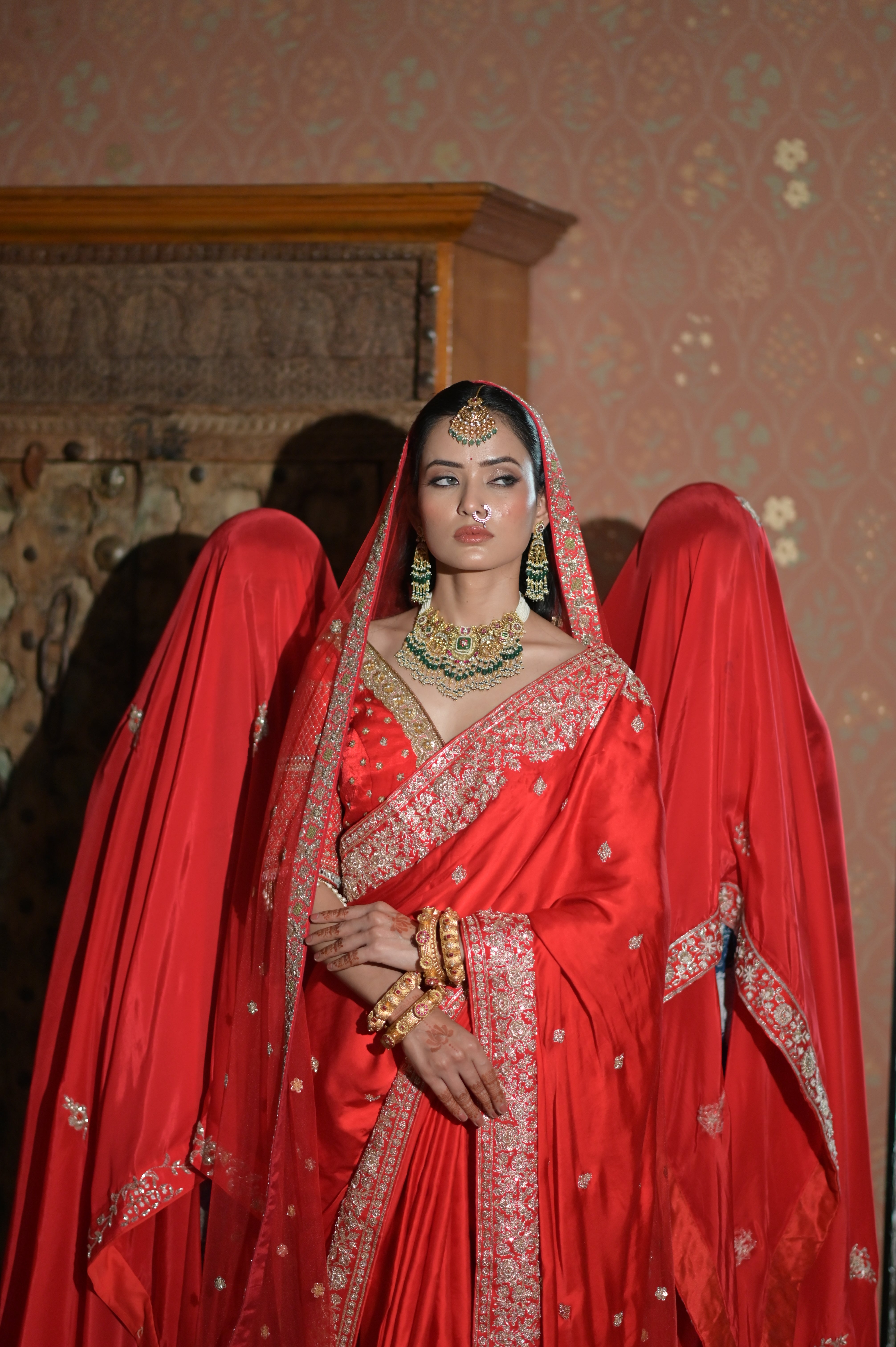 Red embroidered saree