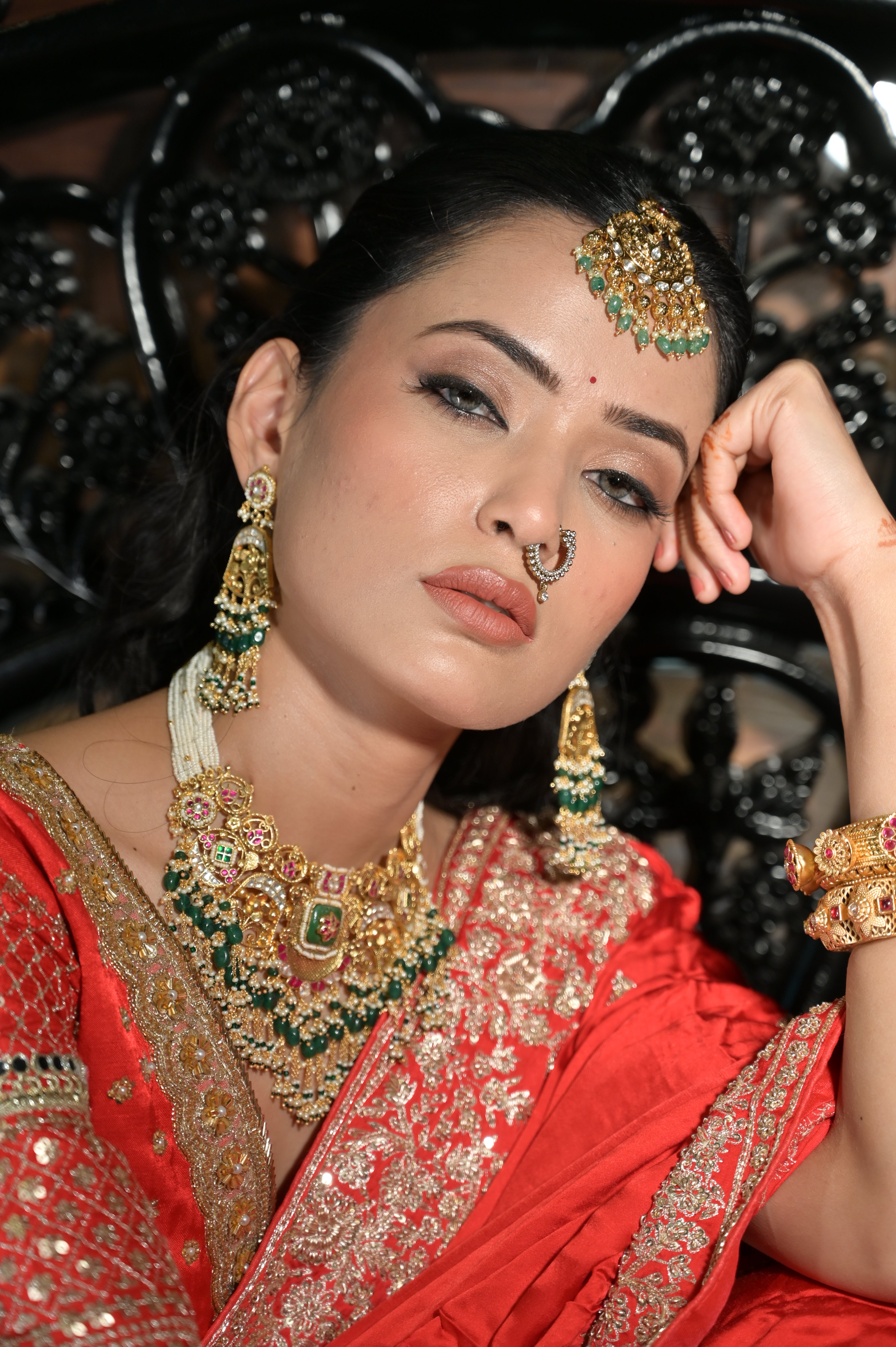 Red embroidered saree
