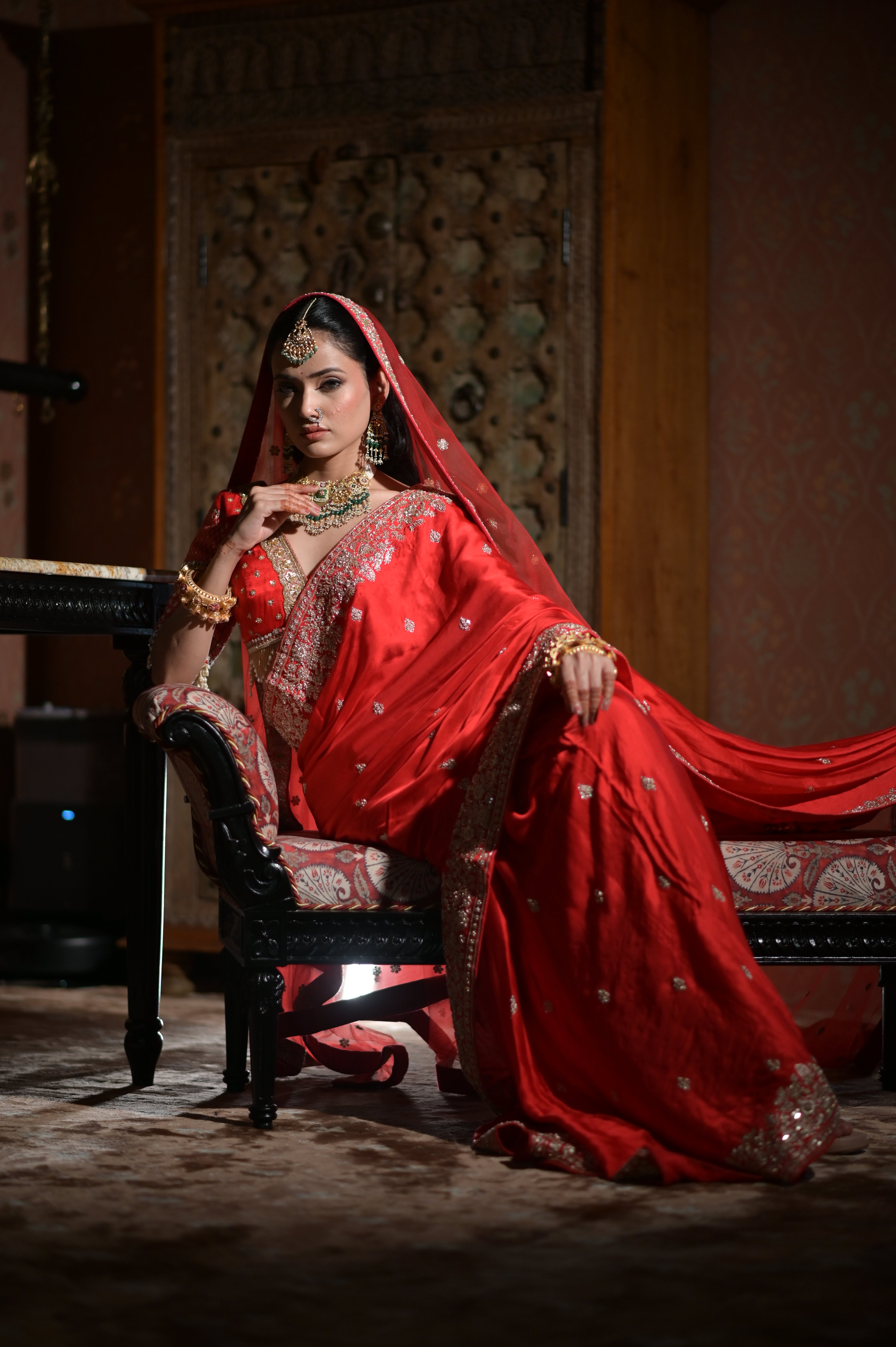 Red embroidered saree