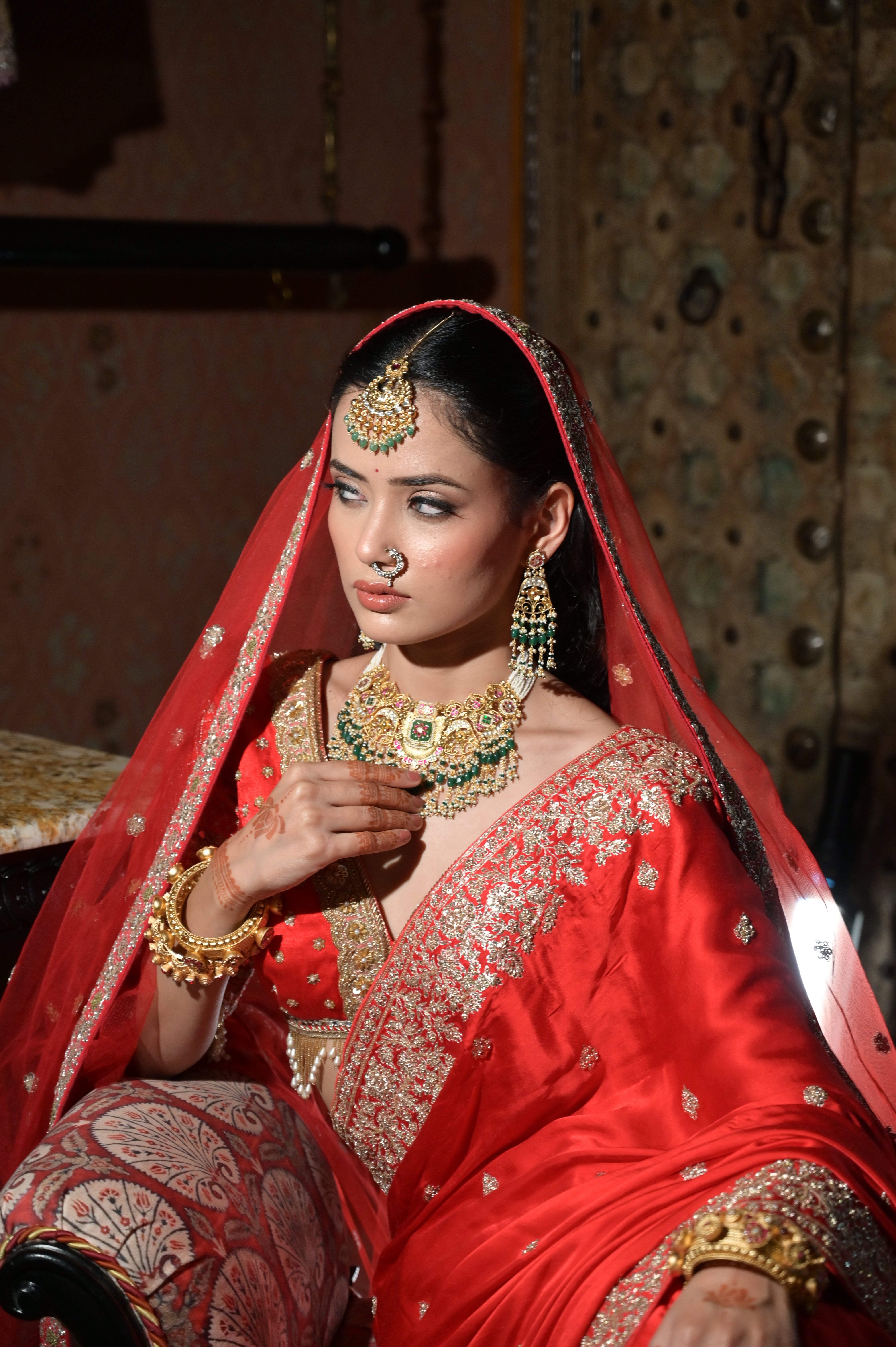 Red embroidered saree