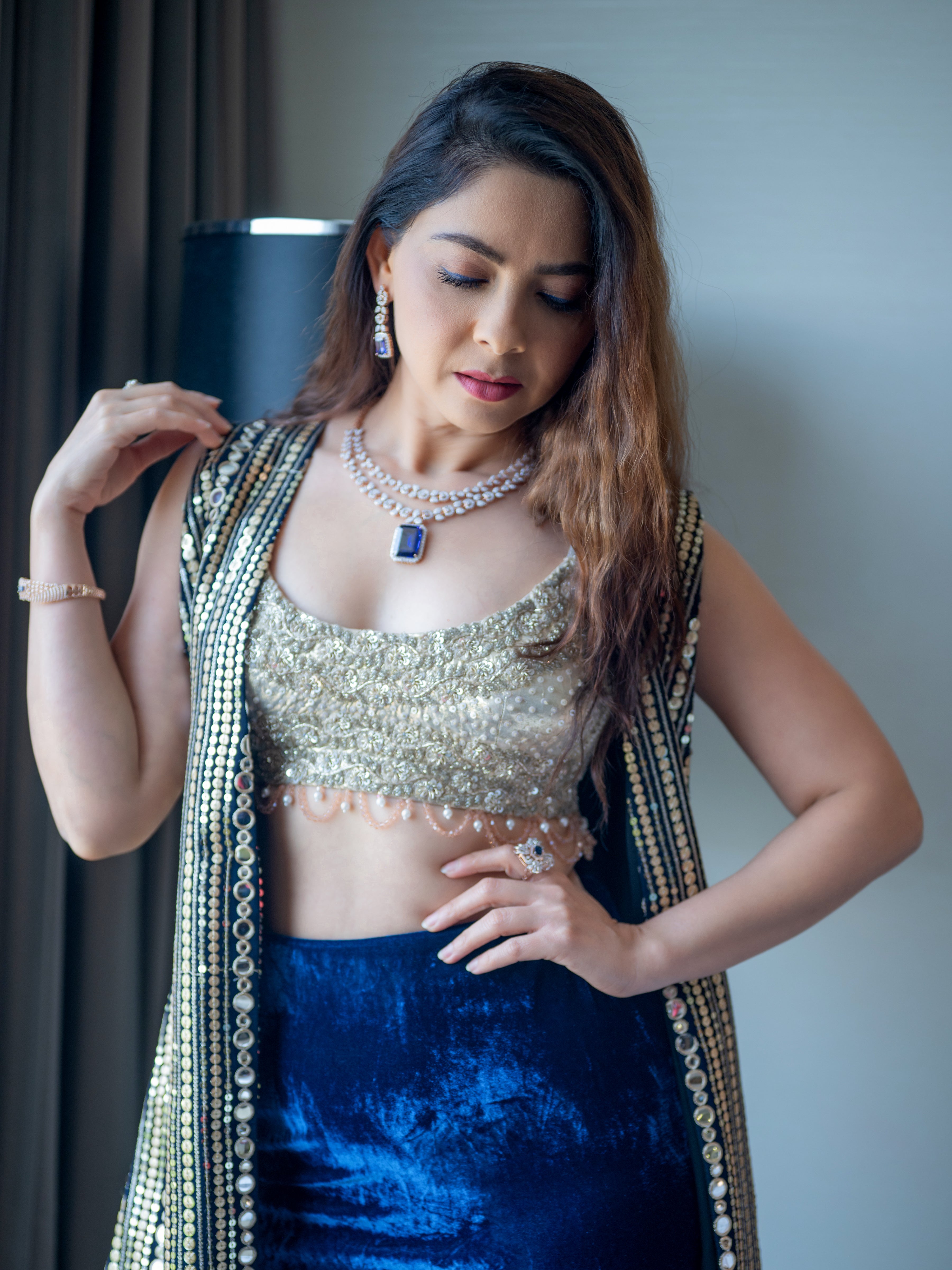 Purple embroidered with Srinathji print three- piece set