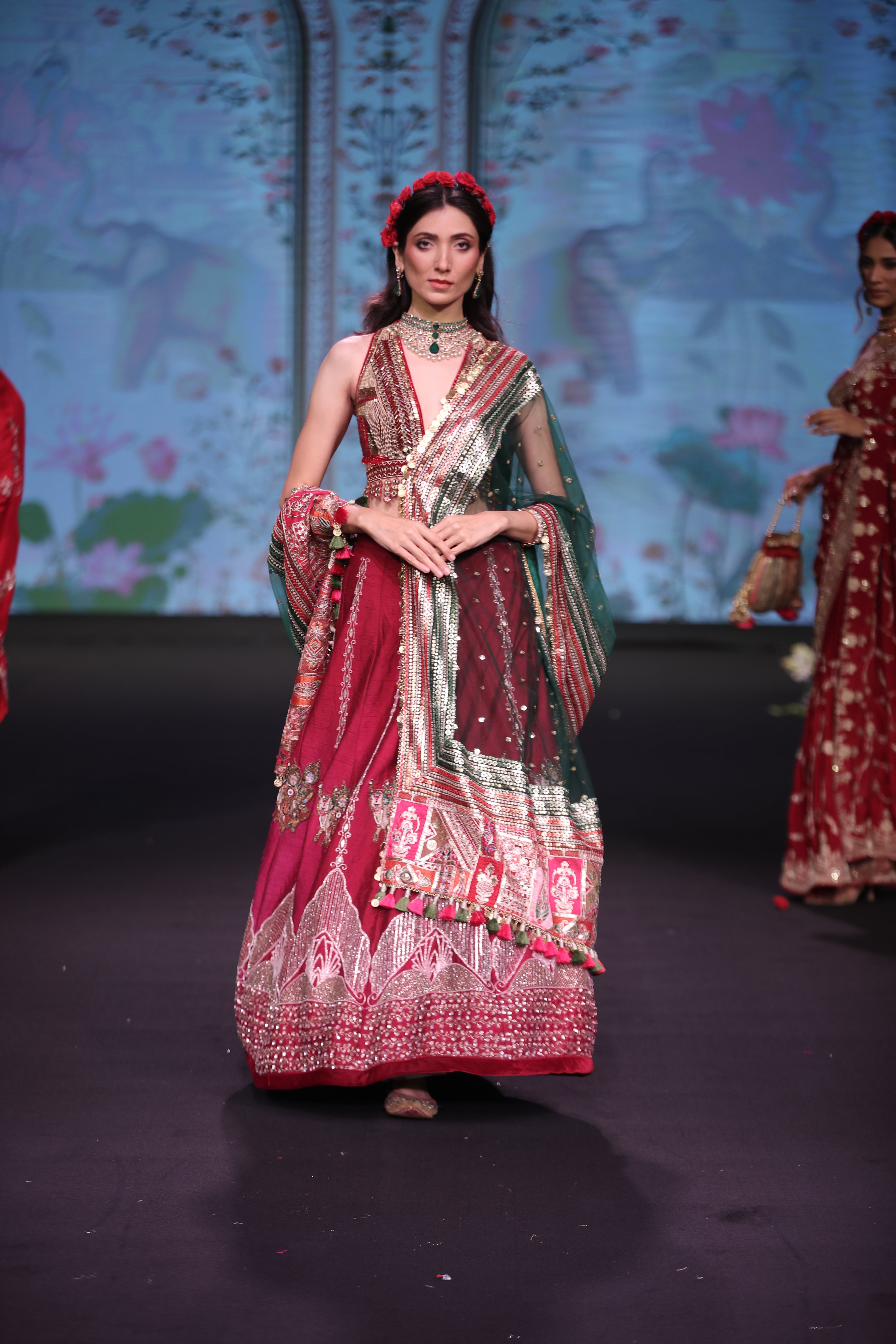 Maroon raw silk embroidered lehenga set