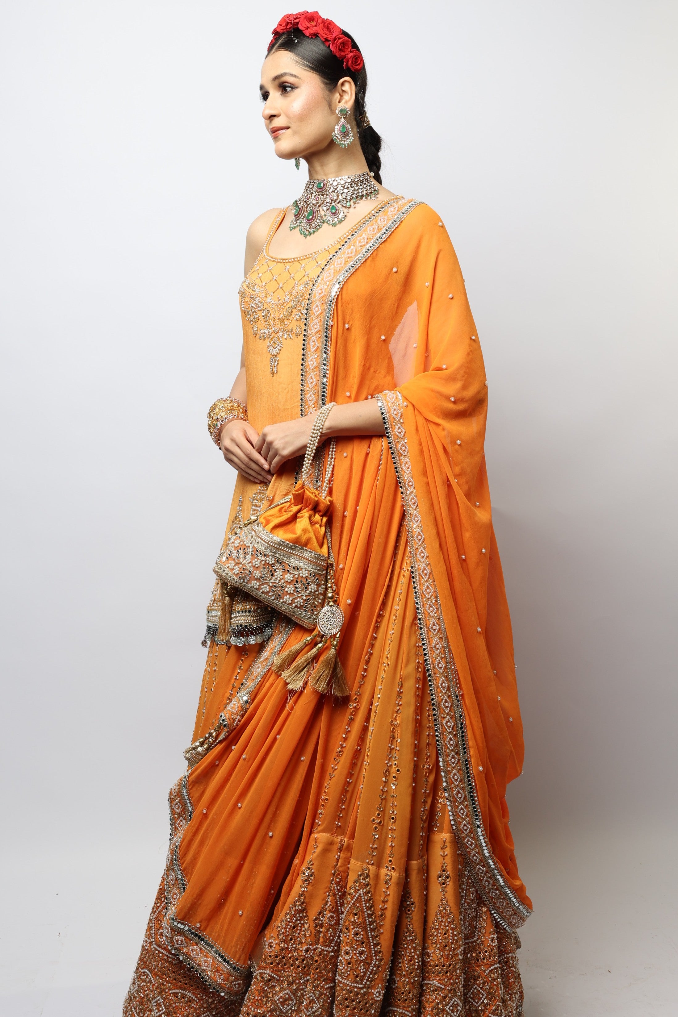 Orange ram mandir inspired embroidered lehenga set