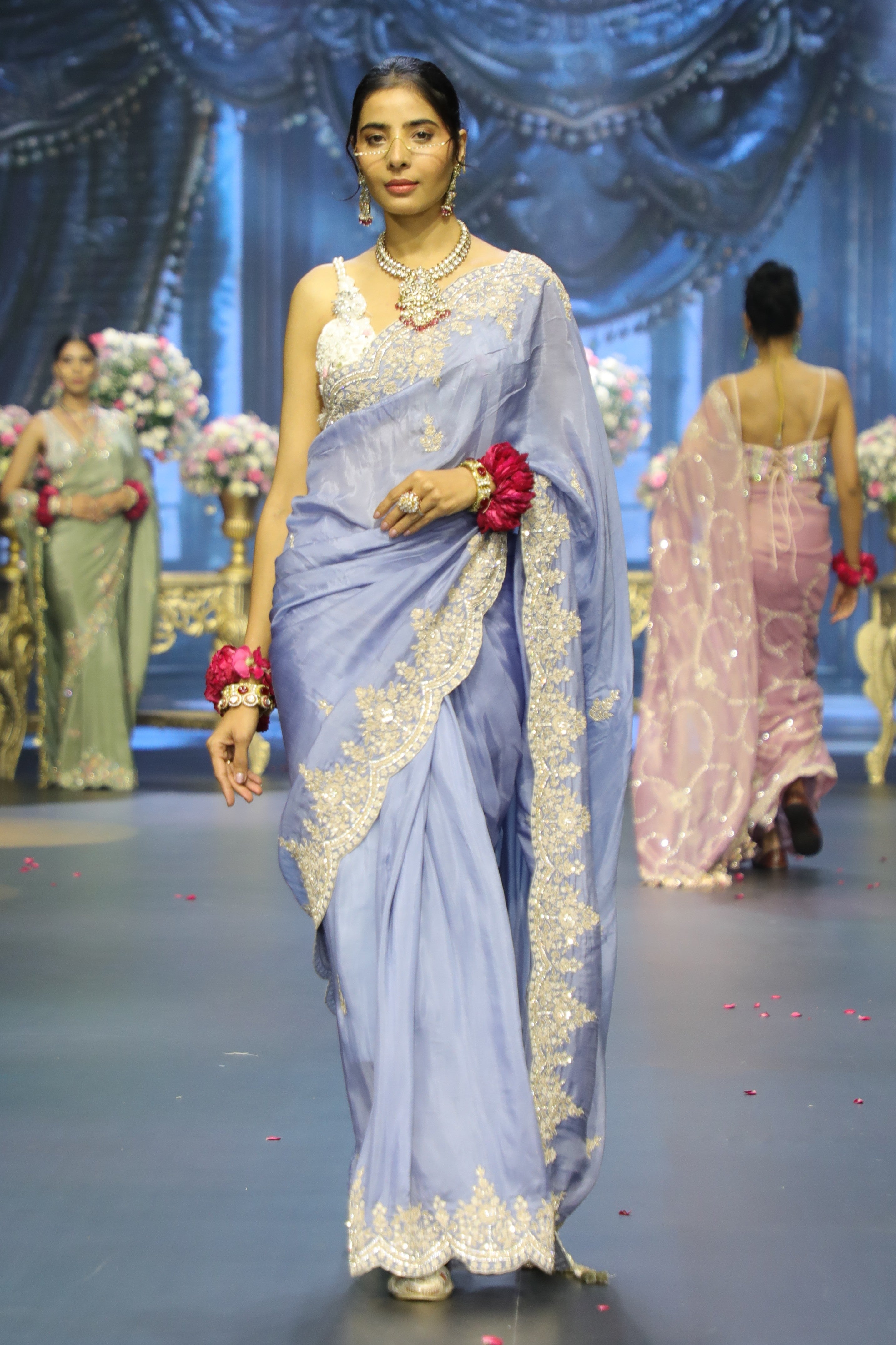 Blue natural crepe Embroidered Saree