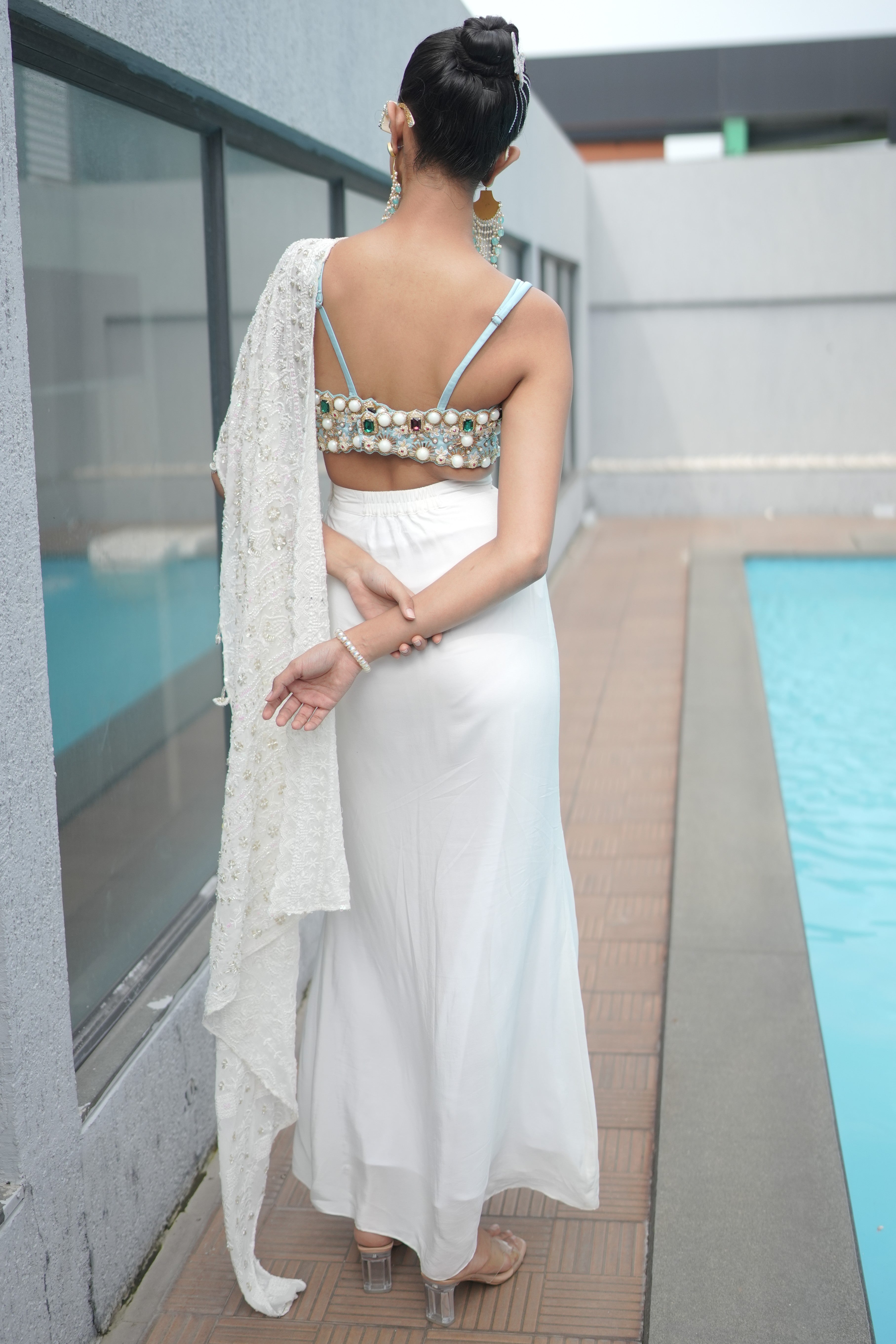 Two toned blue and white embroidered pre drape saree