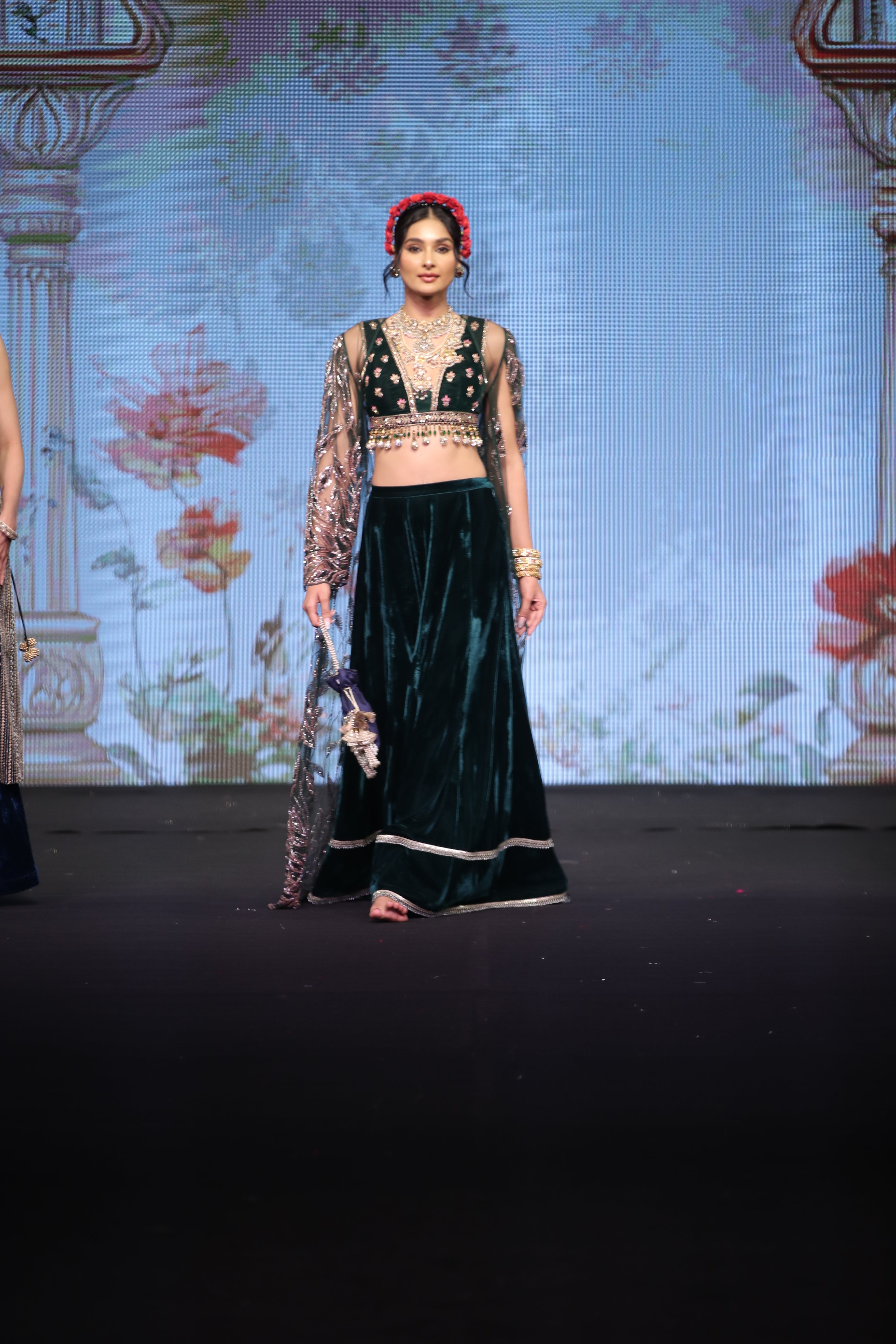 Green velvet embroidered palazzo set with cape