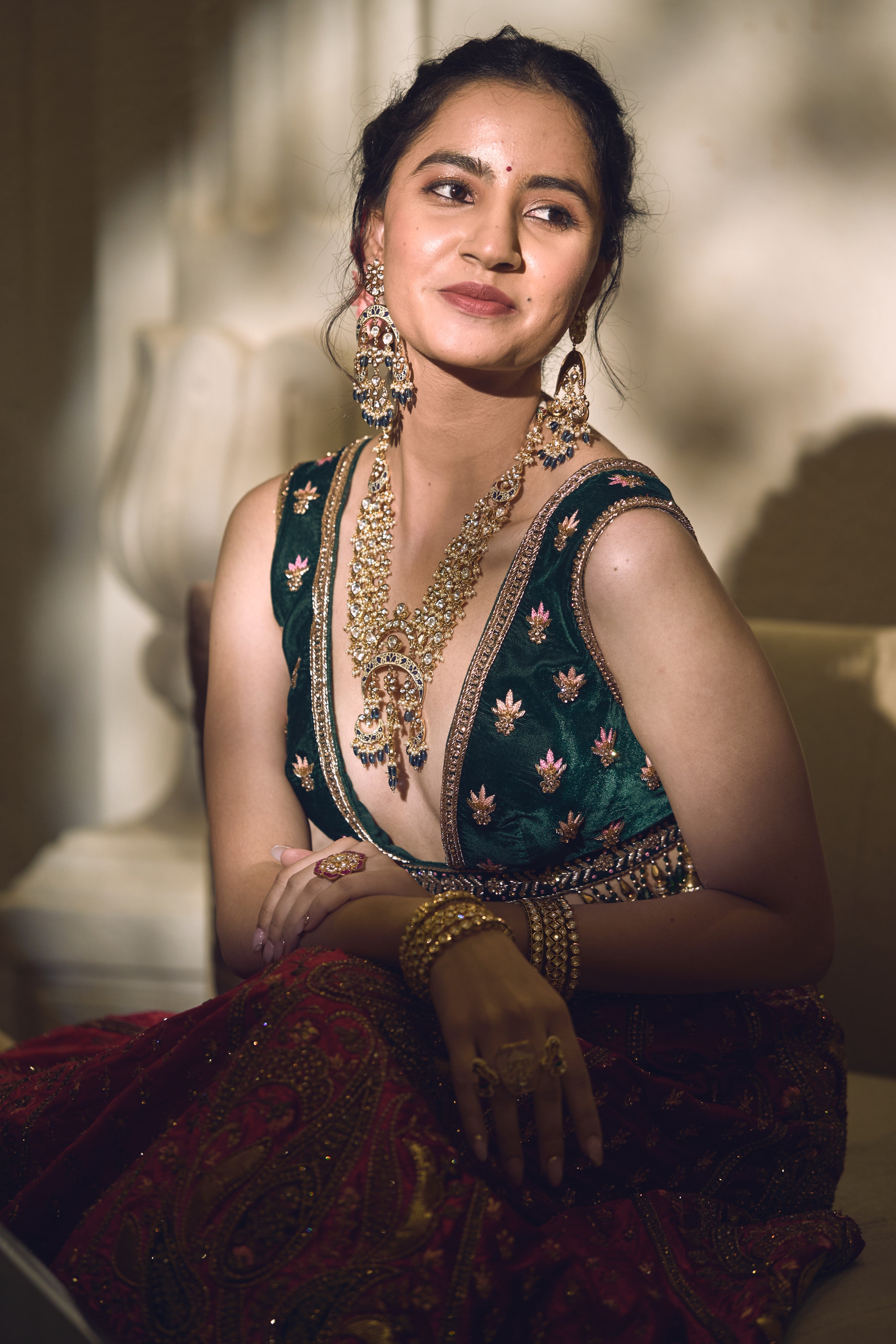 Two toned green and pink embroidered lehenga set
