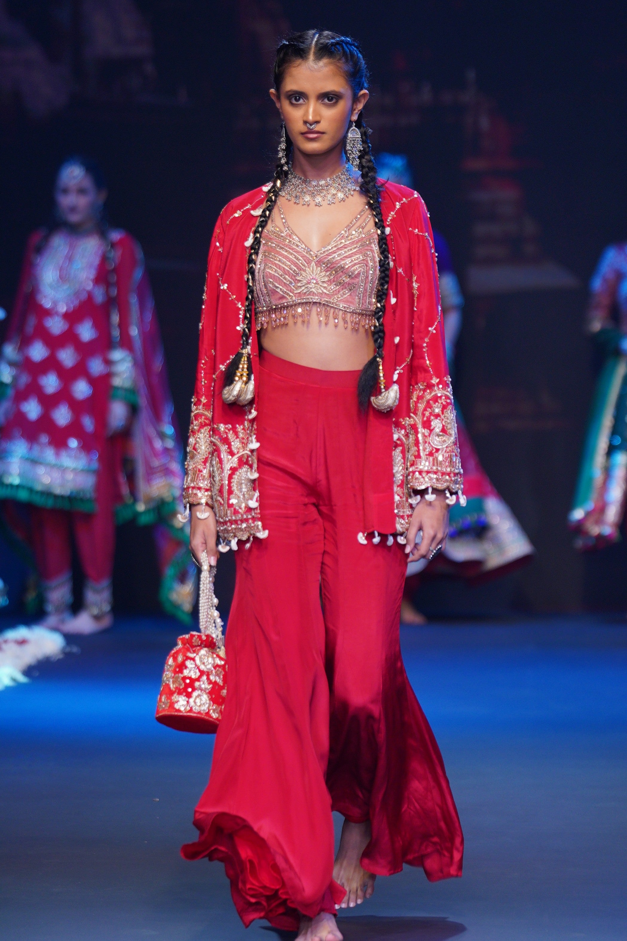 Red three- piece jacket and palazzo set