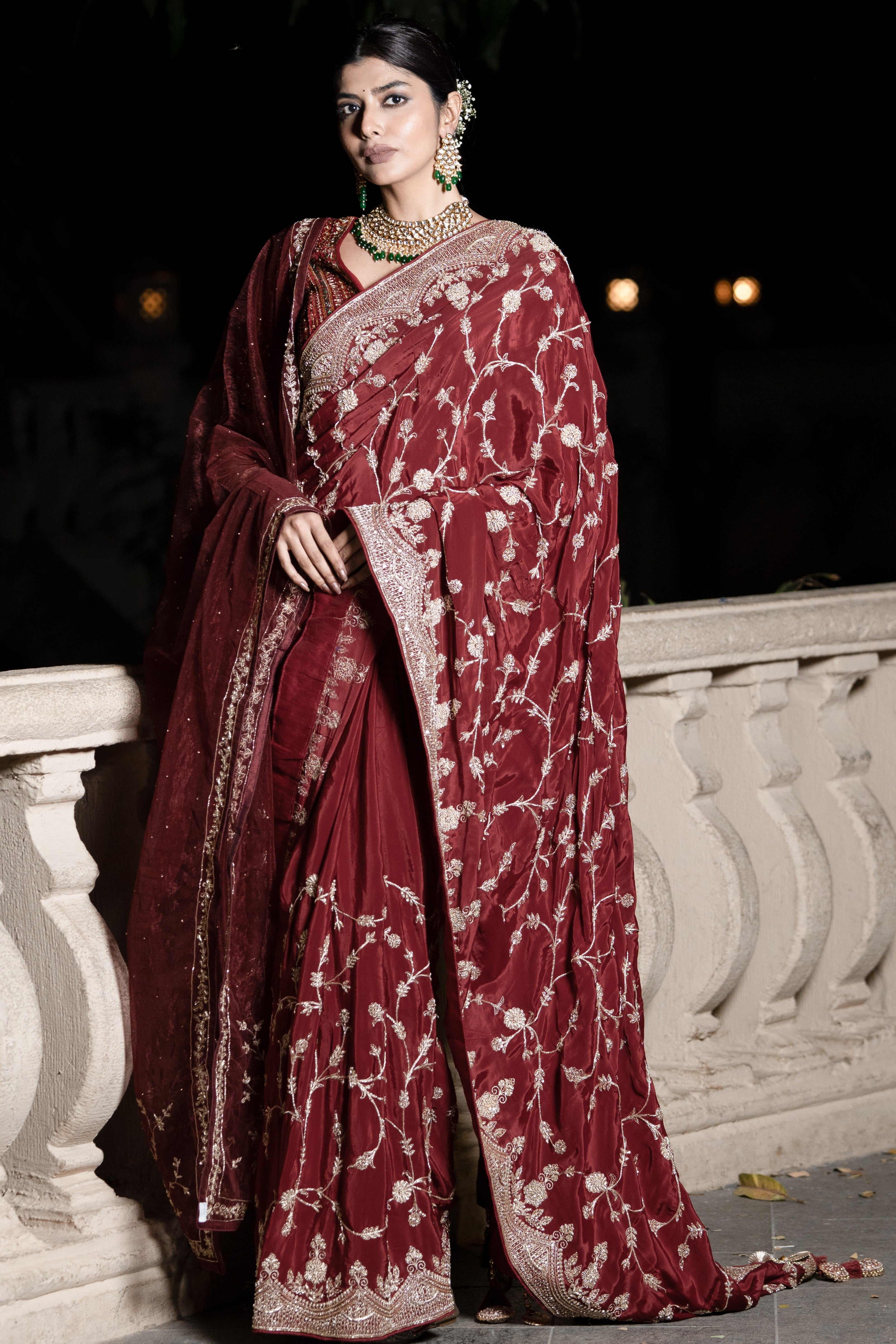 Maroon embroidered saree