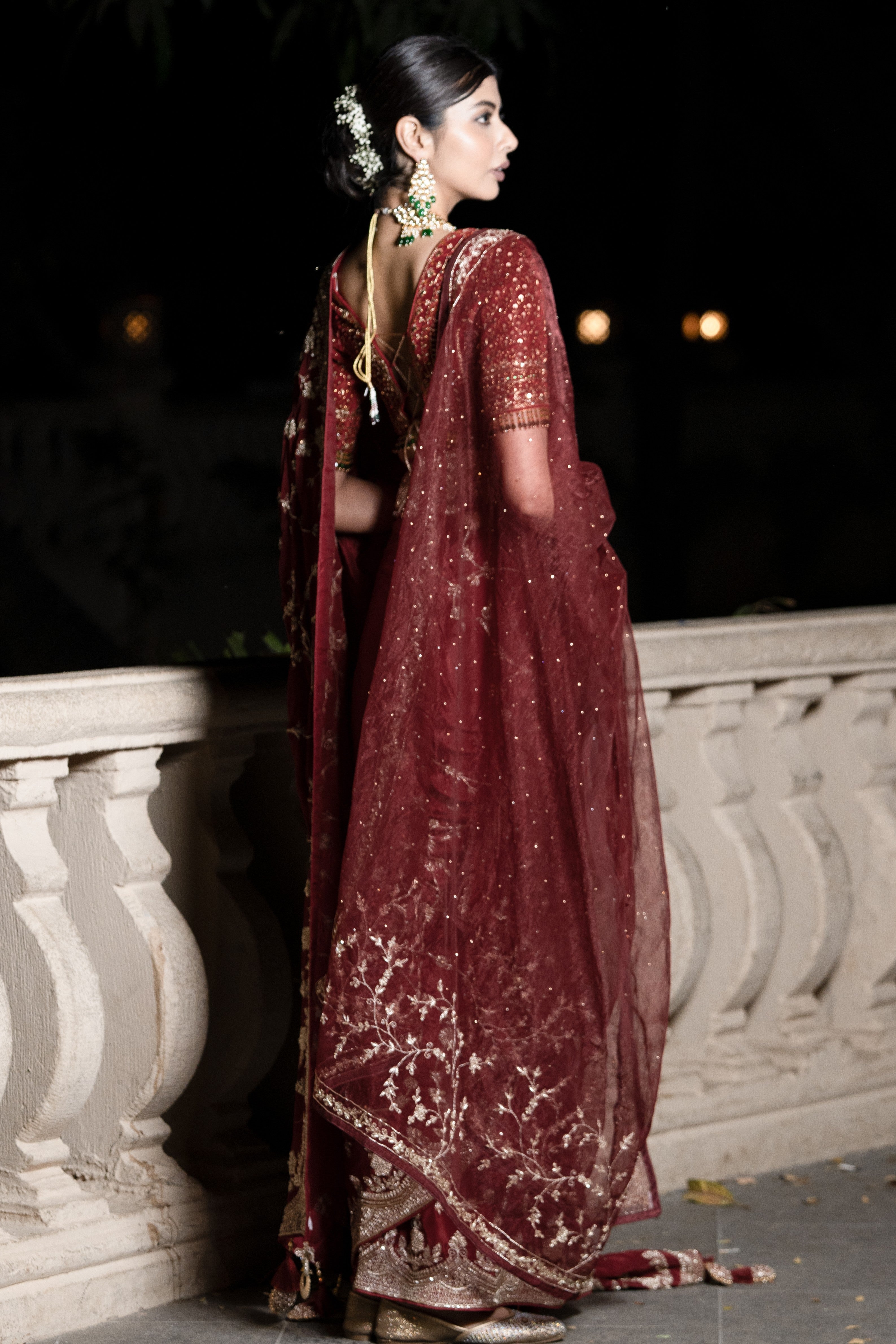 Maroon embroidered saree