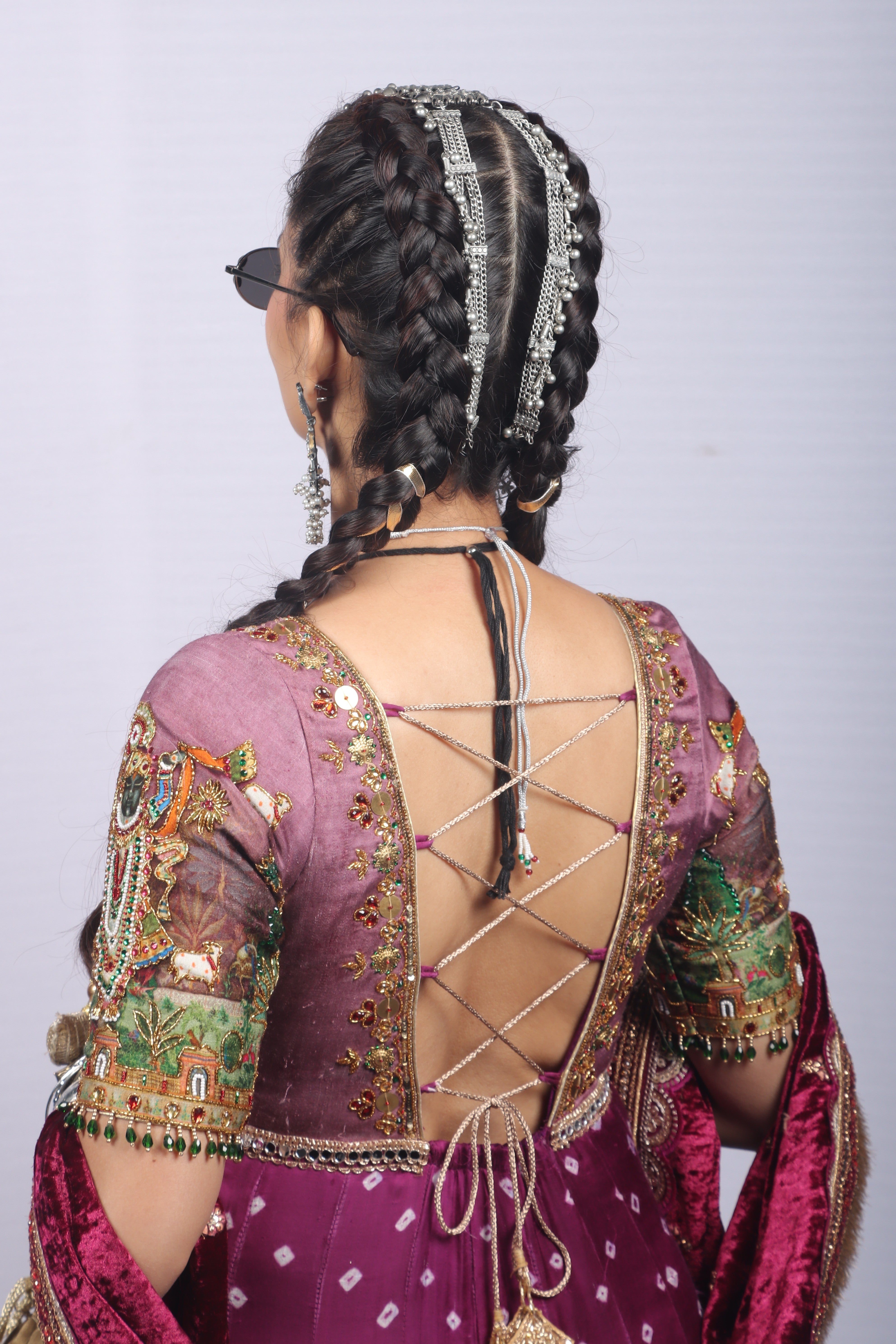 Bandhani Anarkali set with srinathji print on sleeves