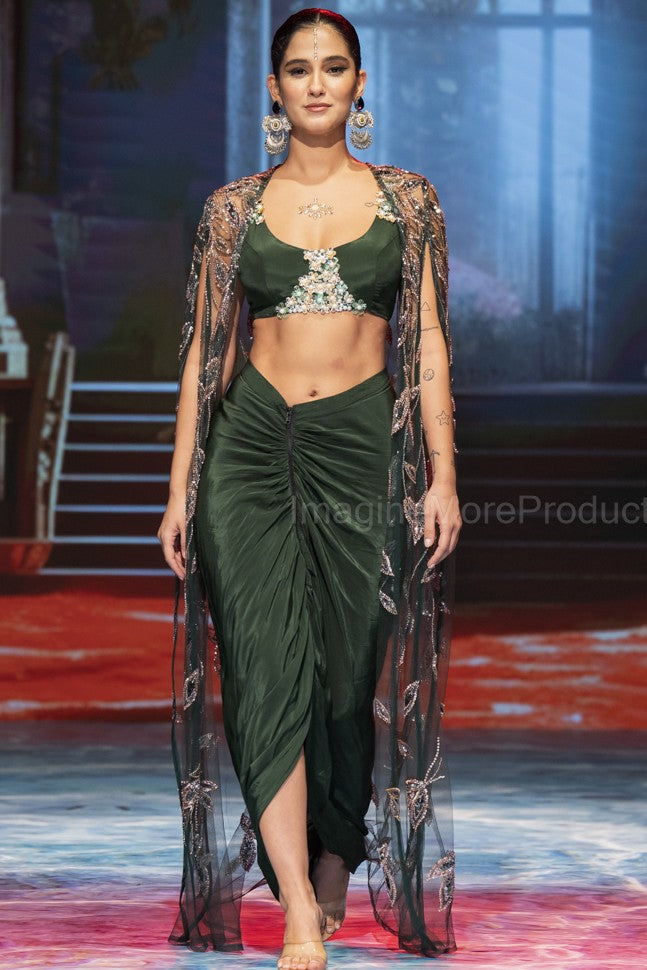Bottle green embroidered three- piece set with long cape
