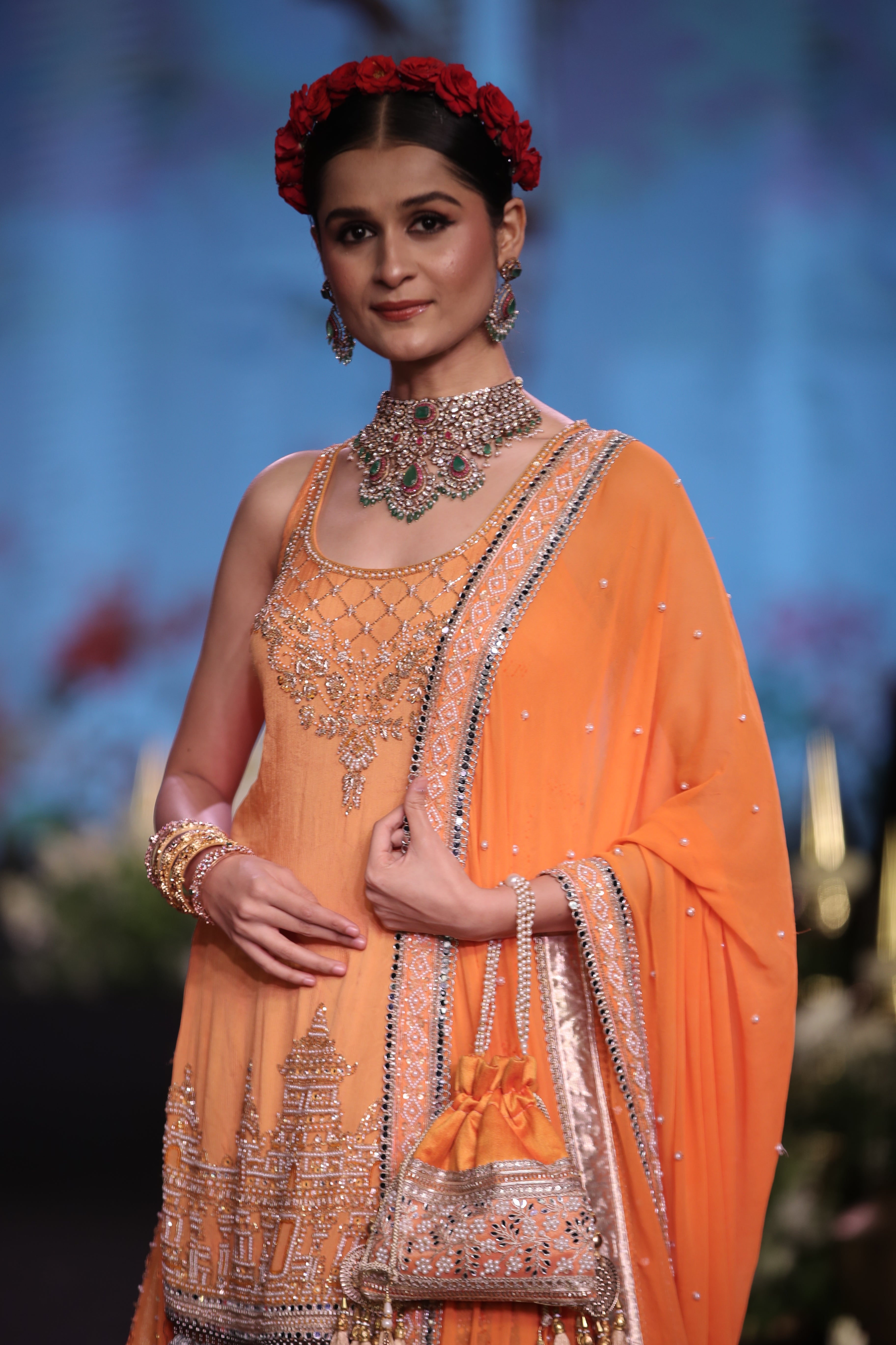 Orange ram mandir inspired embroidered lehenga set