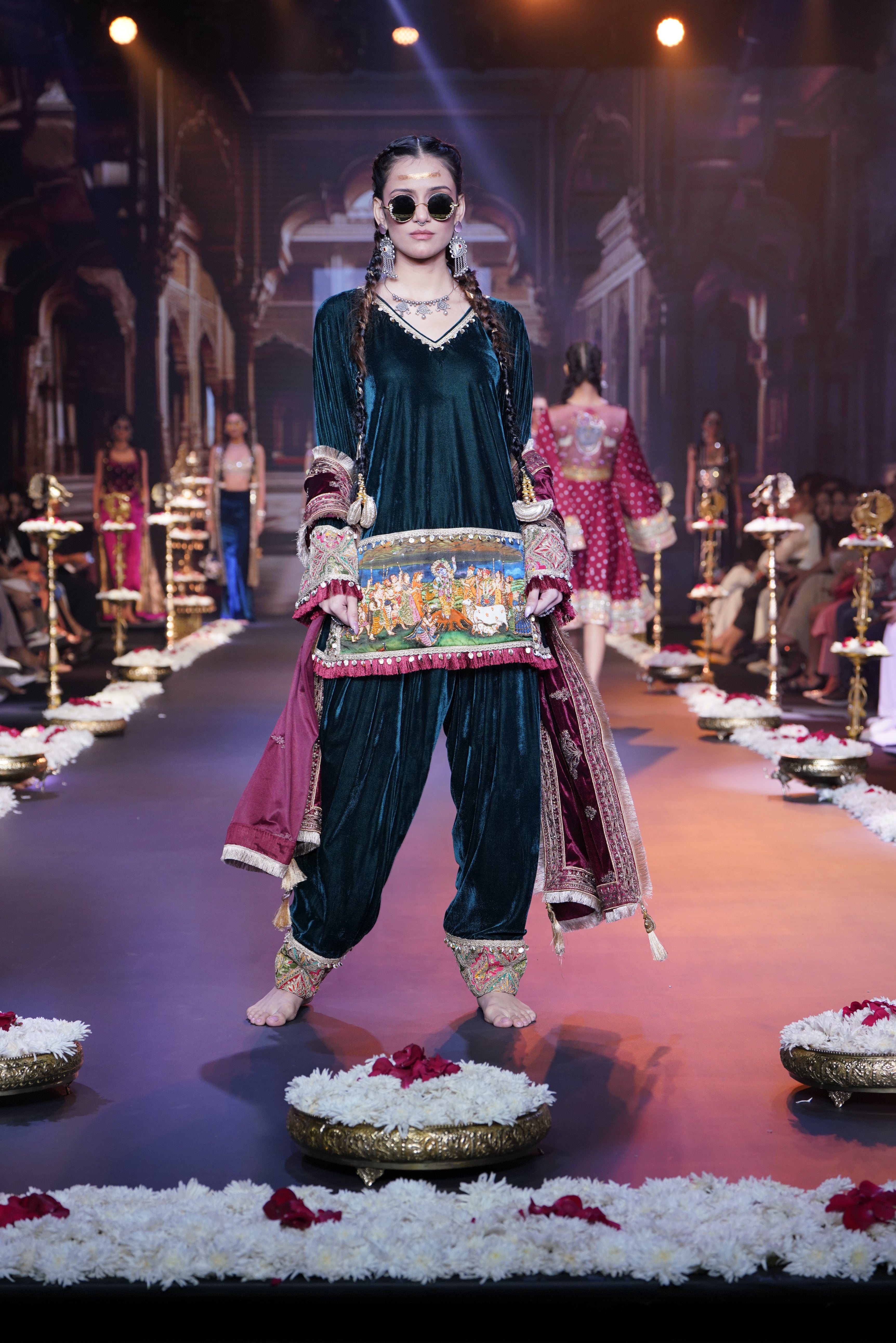 Green kurta with Krishna print embroidered set