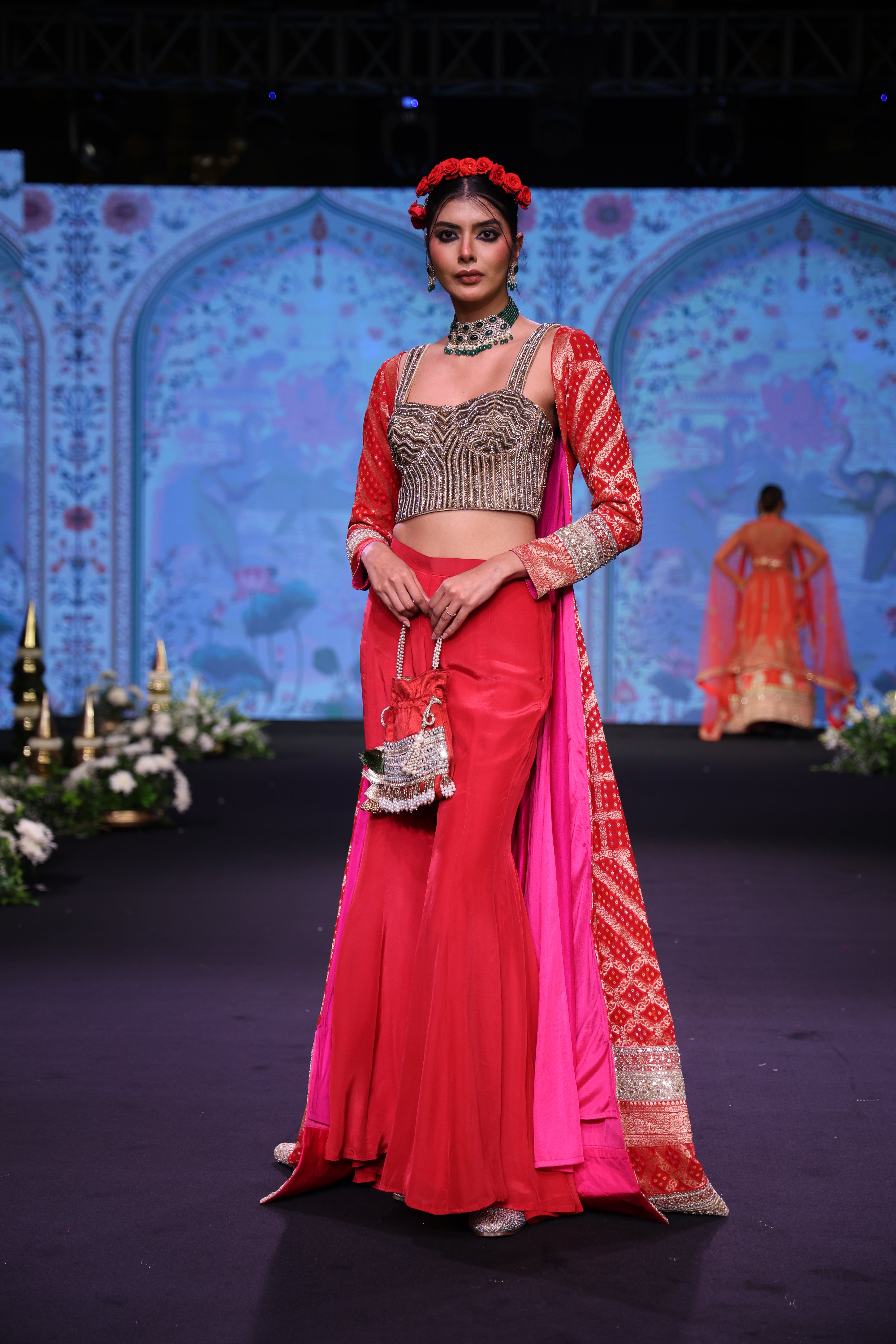 Red three piece set with long cape