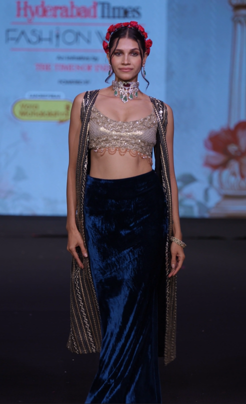Navy blue embroidered three- piece set