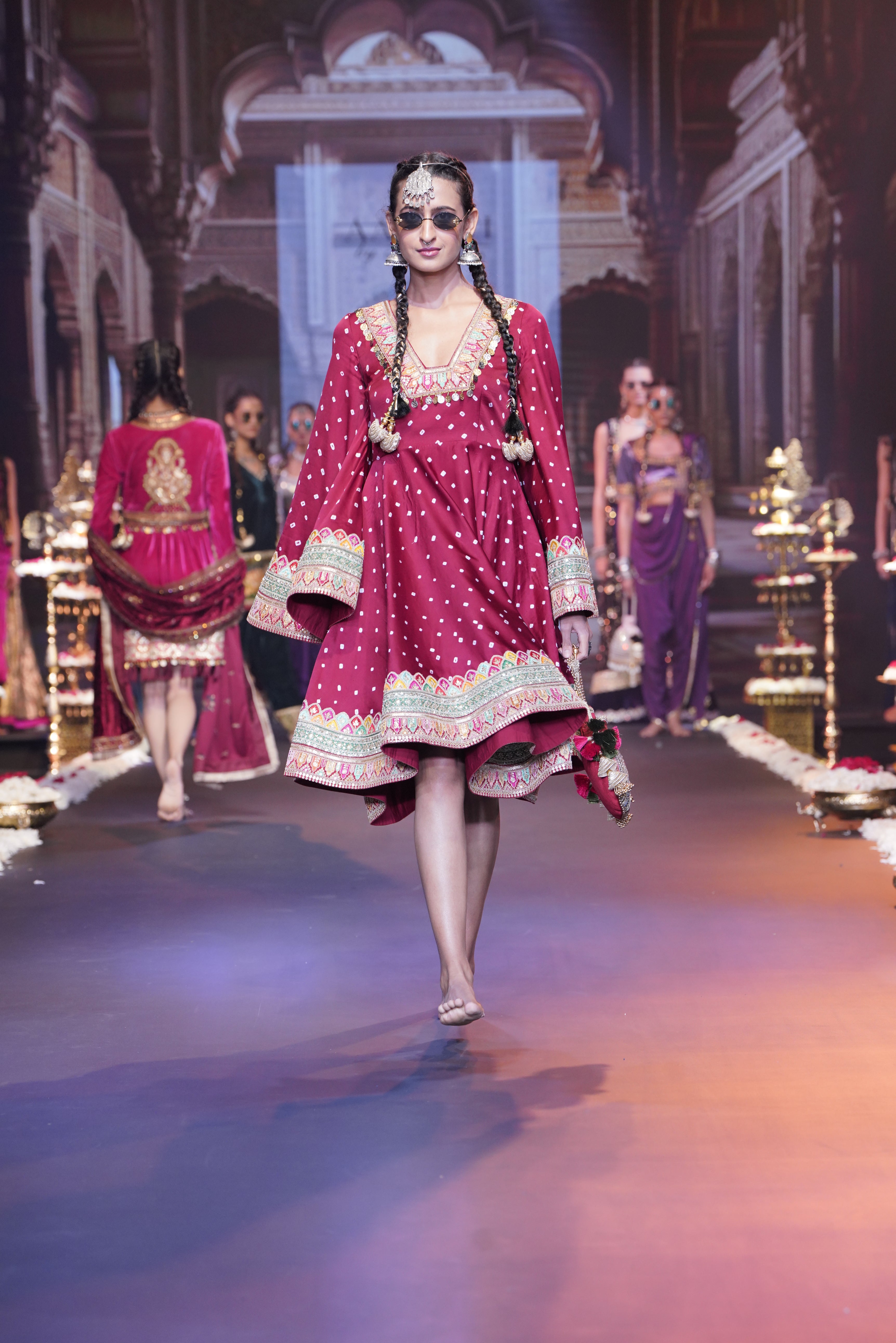 Red bandhani dress with srinathji print