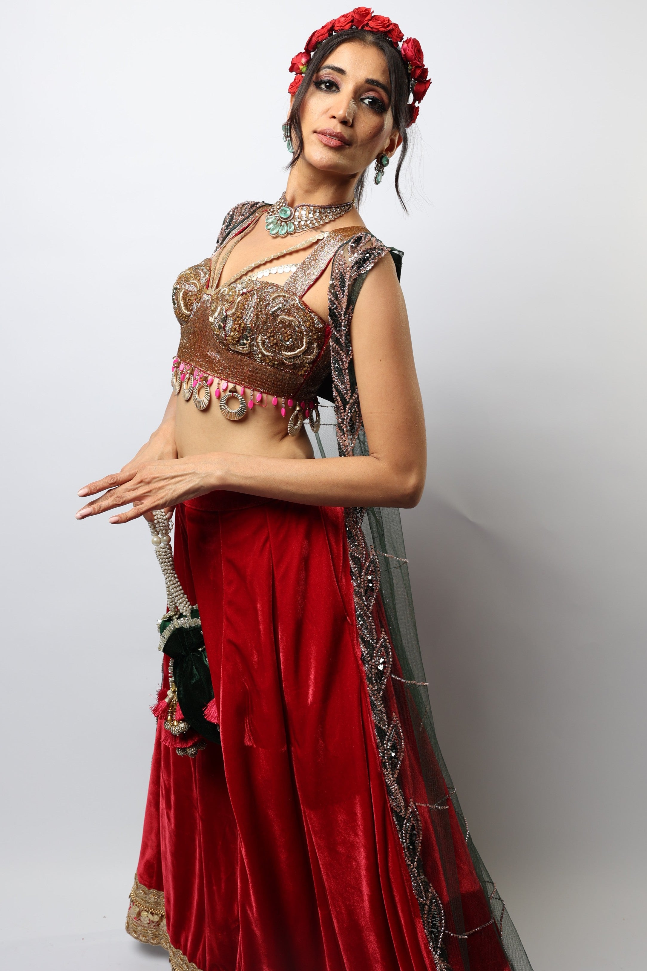 Red palazzo set and cape with jaganath embroidered print