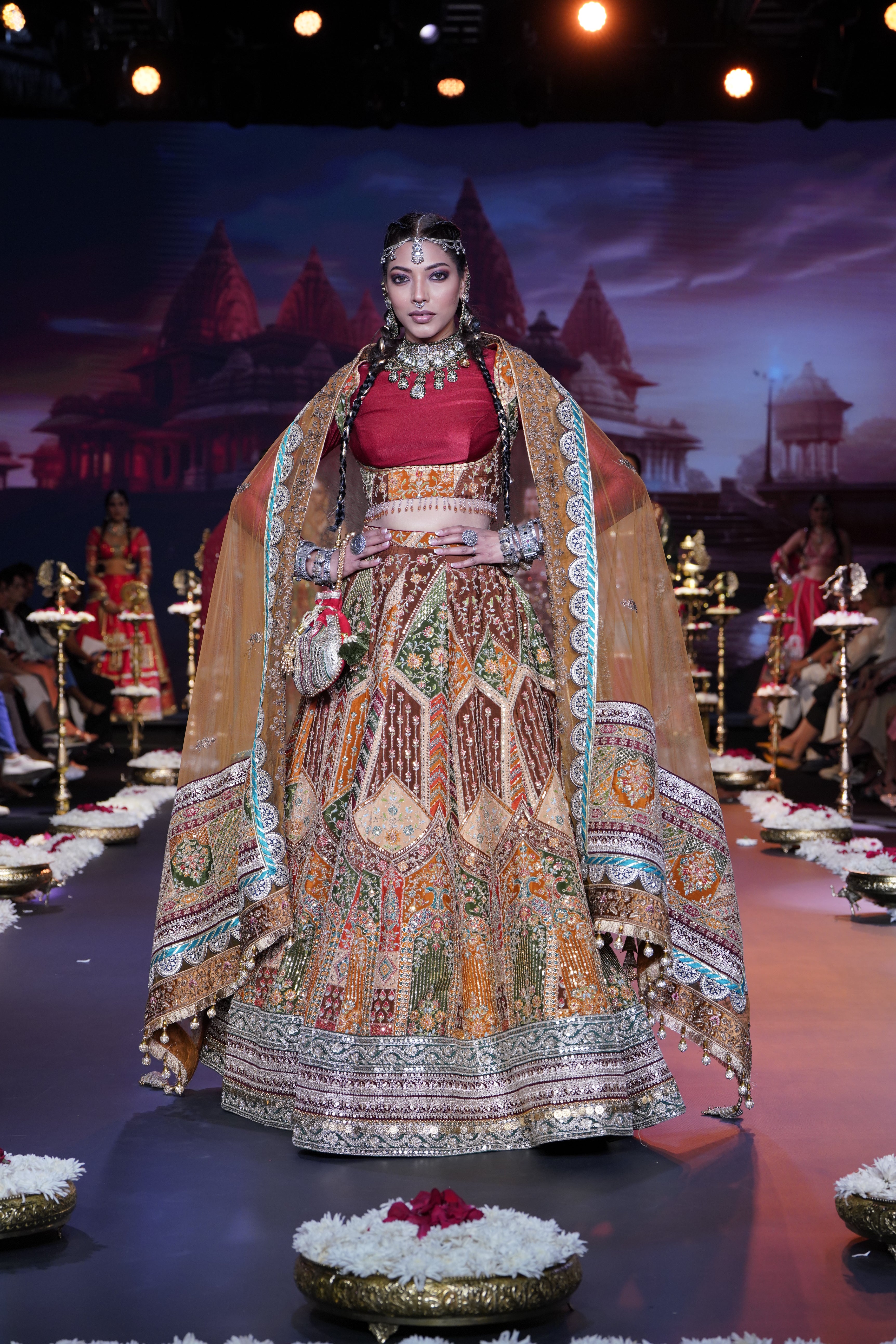 Dual tone red and multi color embroidered lehenga set