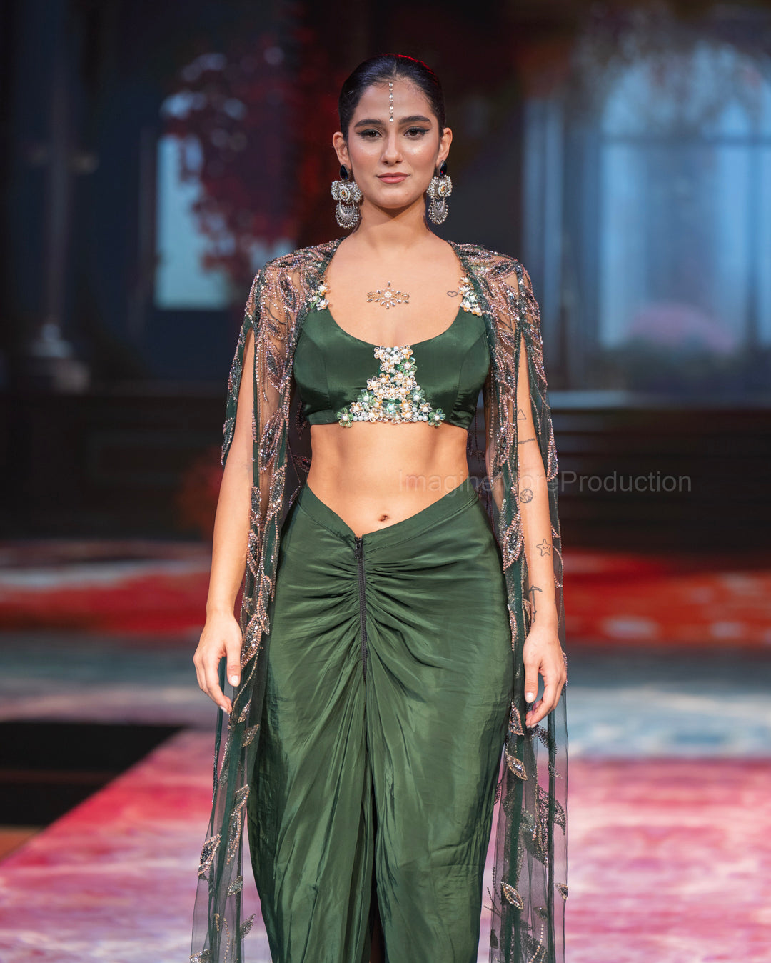 Bottle green embroidered three- piece set with long cape