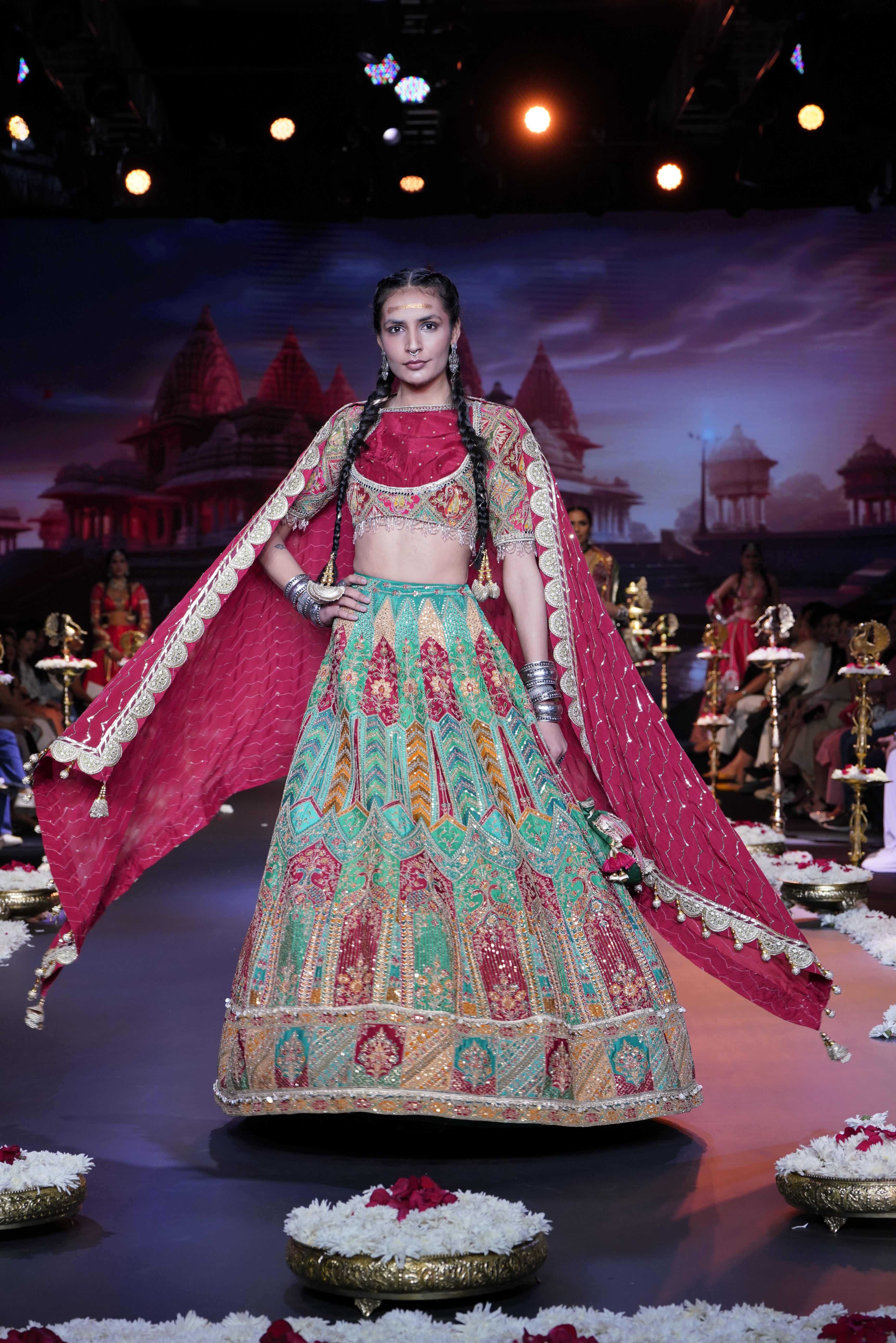 Red- Multi color raw silk embroidered lehenga set
