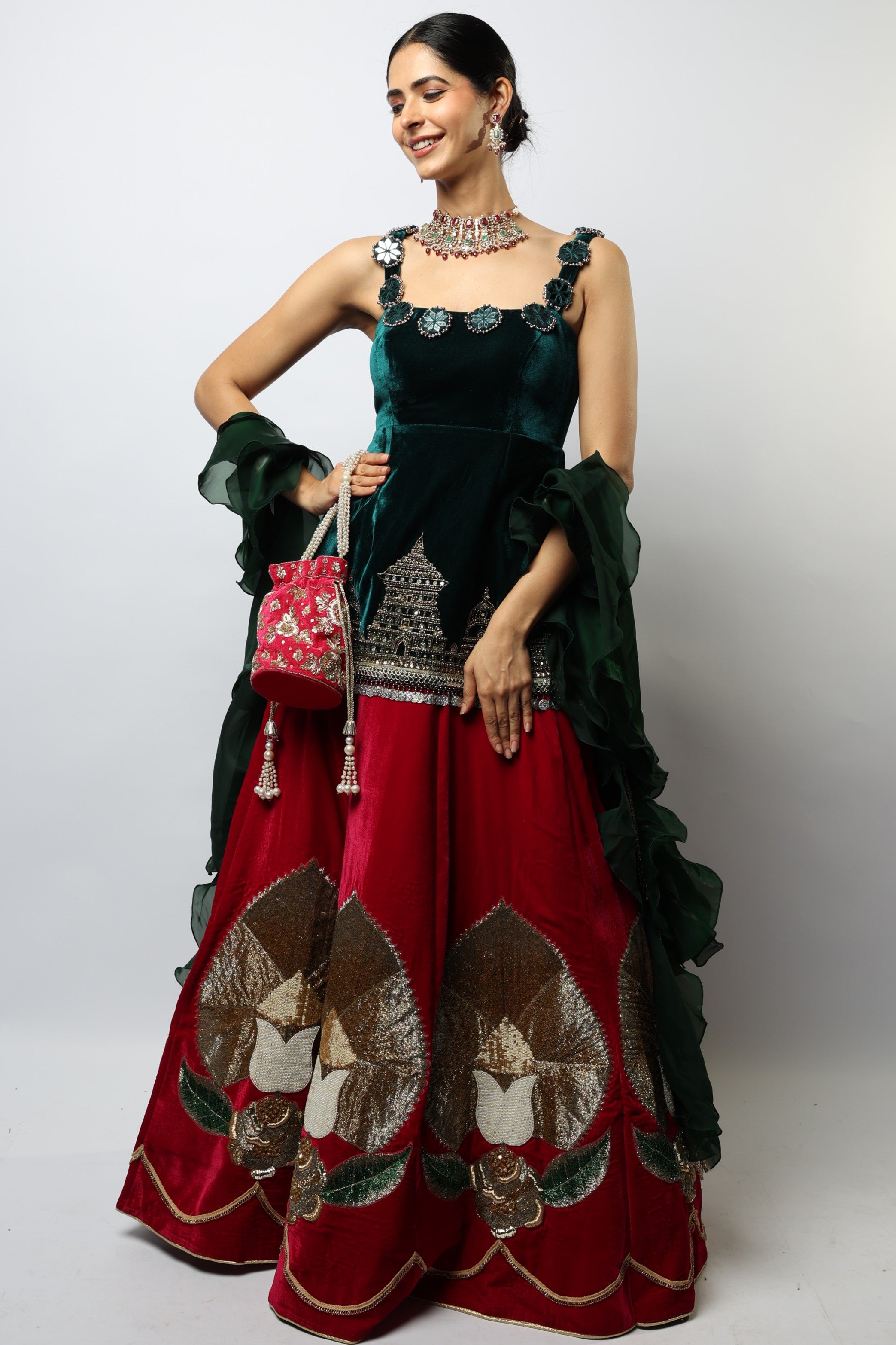 Dual tone green and pink ram mandir inspired lehenga set