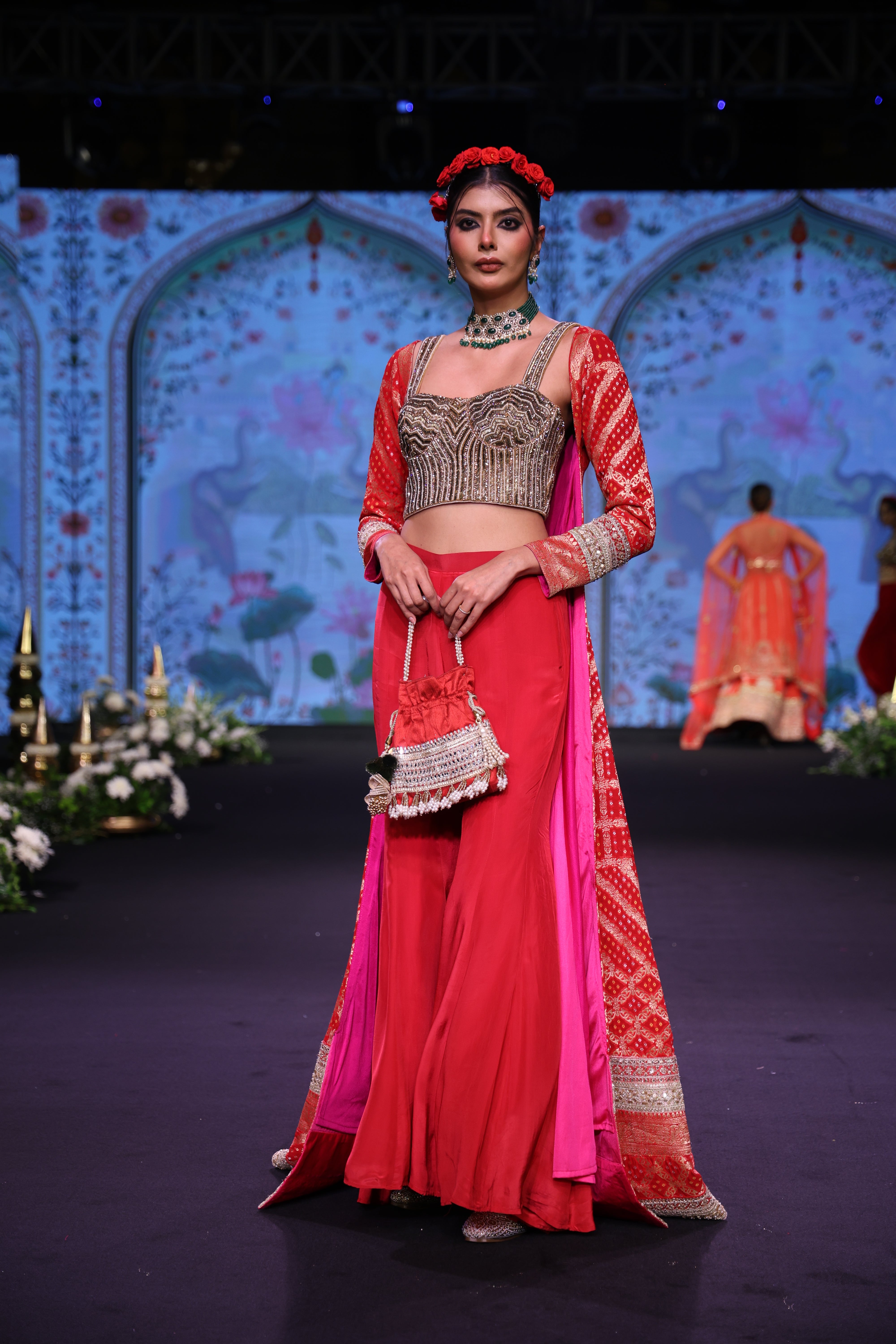Red three piece set with long cape