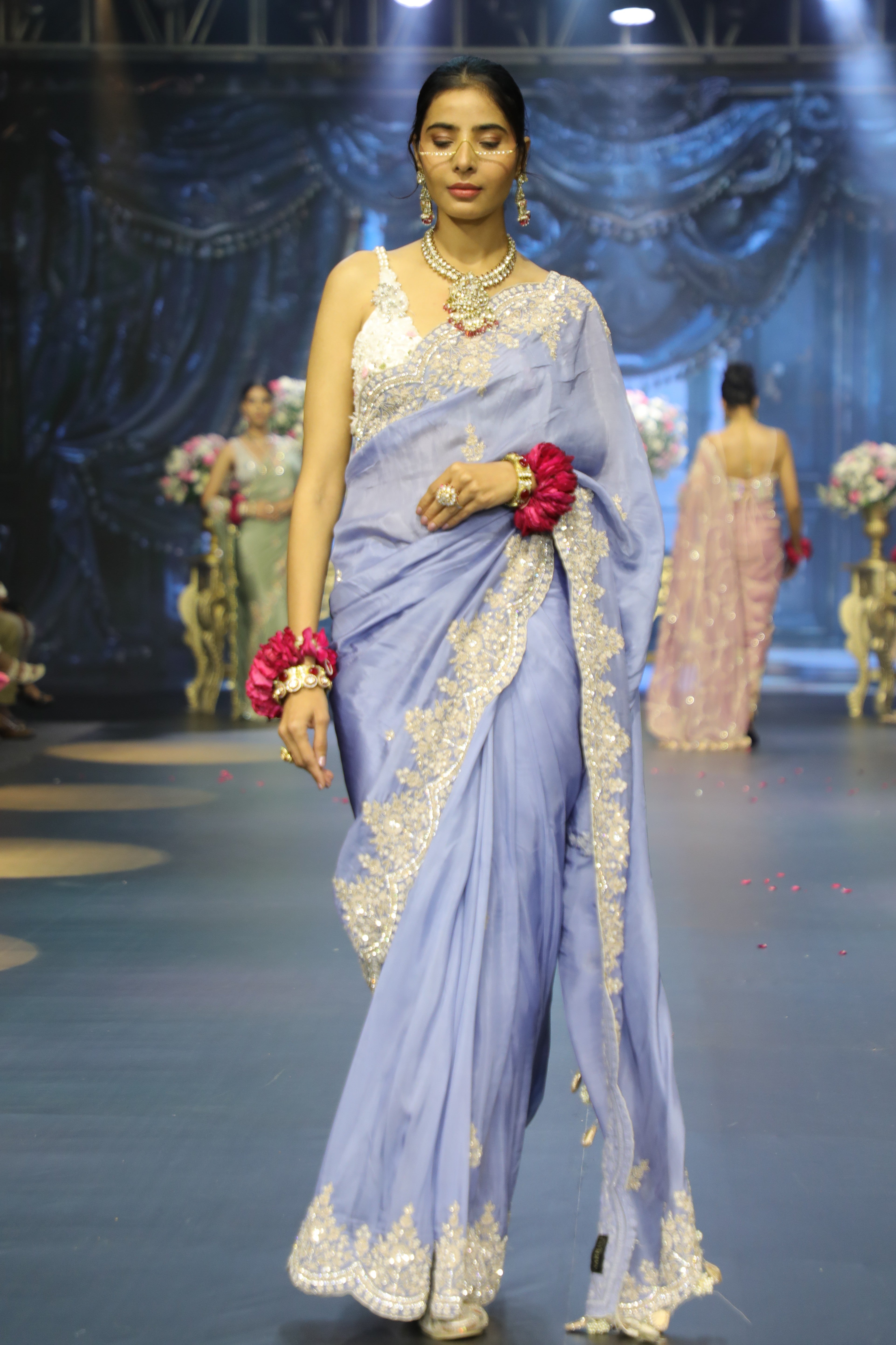 Blue natural crepe Embroidered Saree