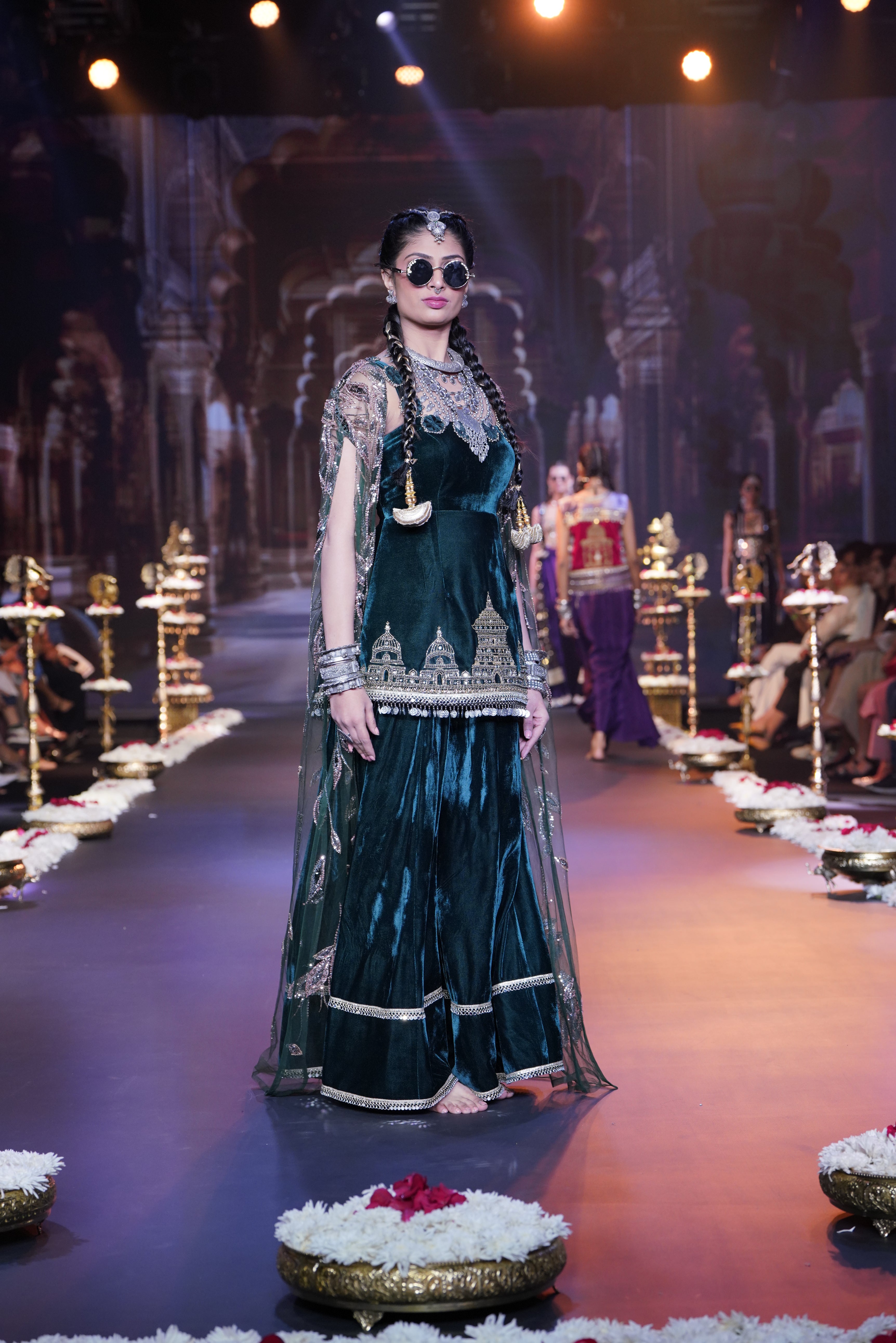 Ram mandir inspired green palazzo set with cape