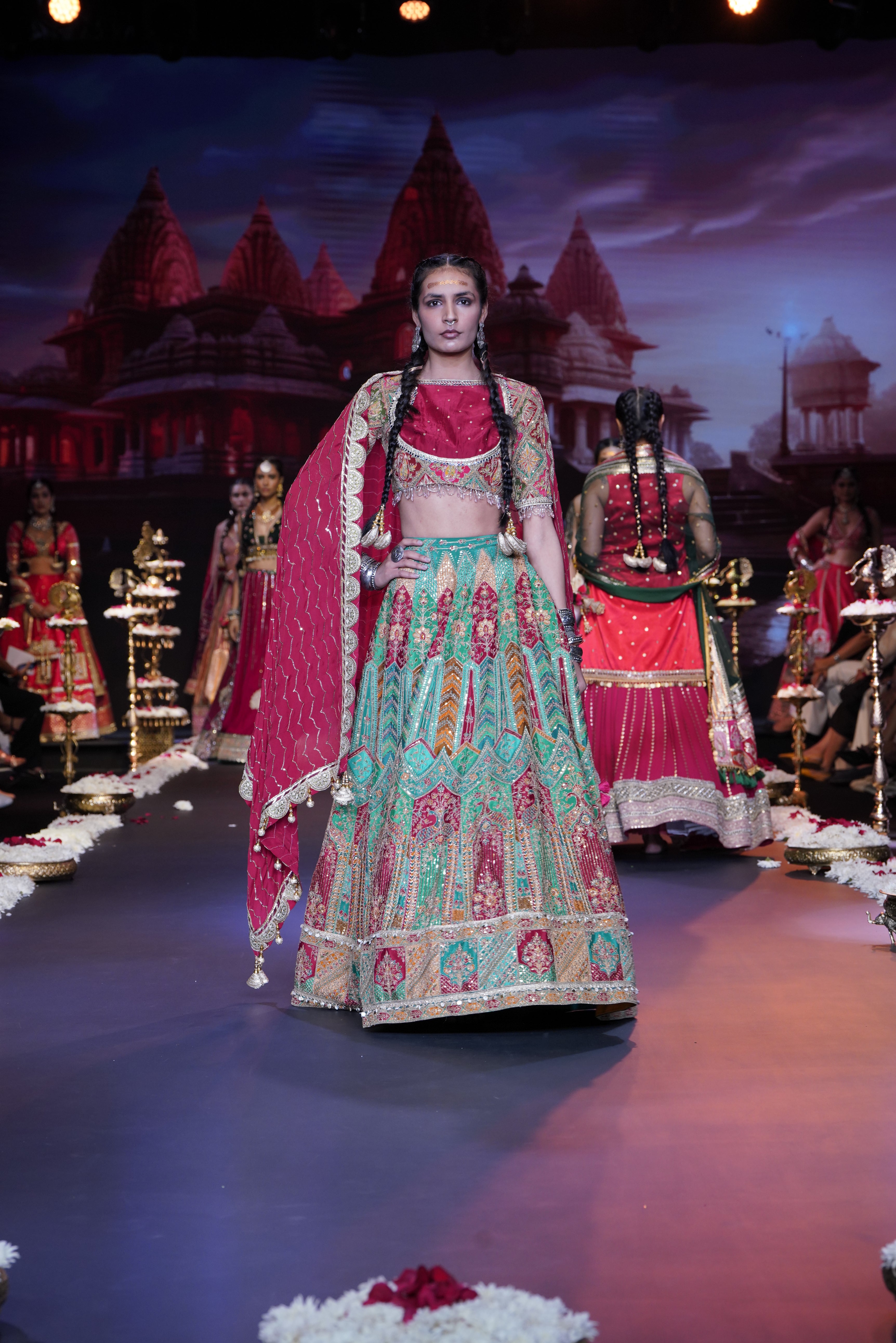 Red- Multi color raw silk embroidered lehenga set