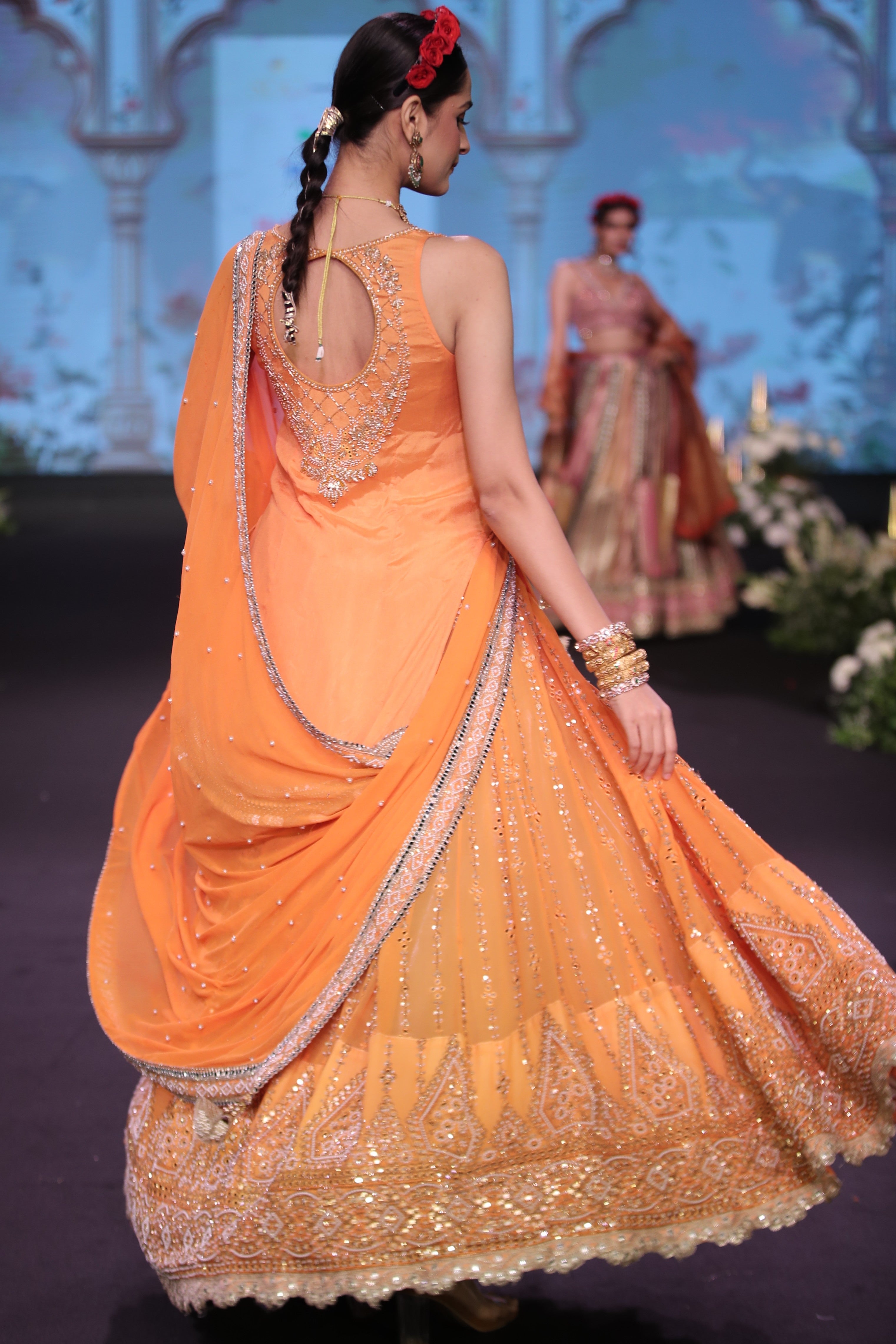 Orange ram mandir inspired embroidered lehenga set