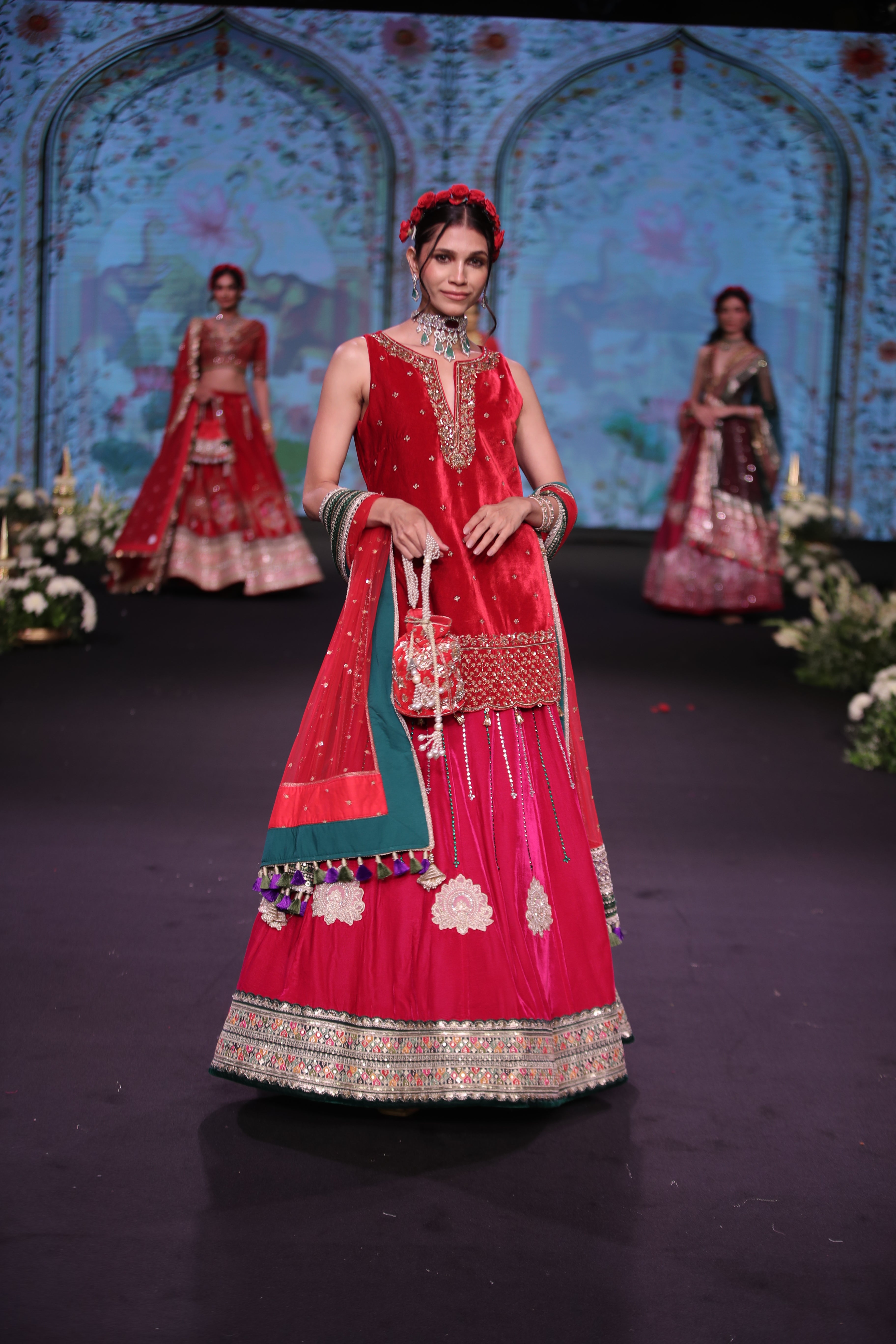 Dual tone red and pink applique work lehenga set